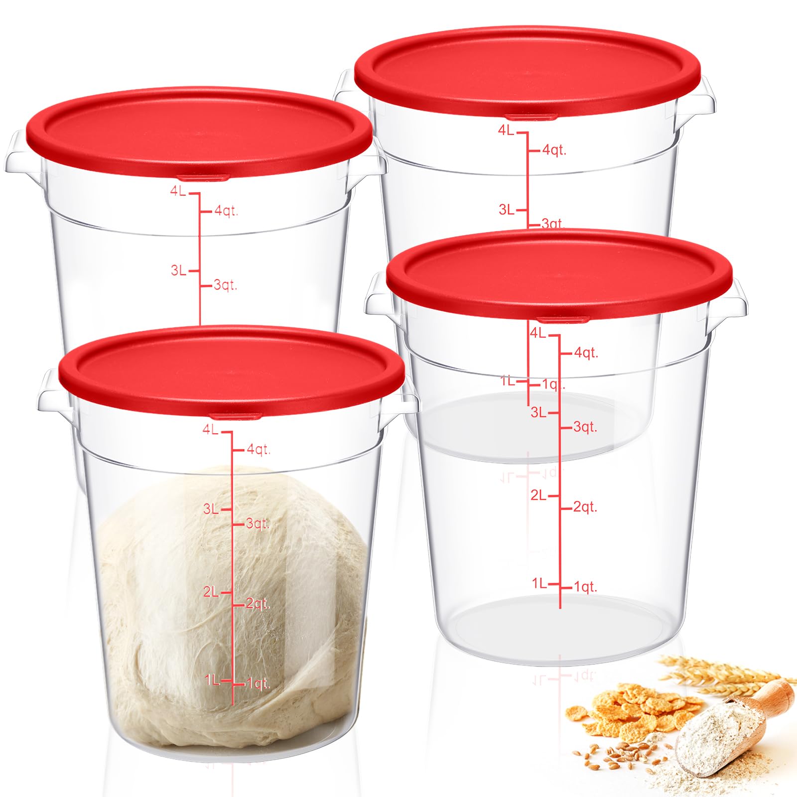 Suclain 4 Pcs 4 Qt Food Storage Container Bucket with Lids Clear Proofing Containers for Dough Rise Bread with Scale Handle Roun