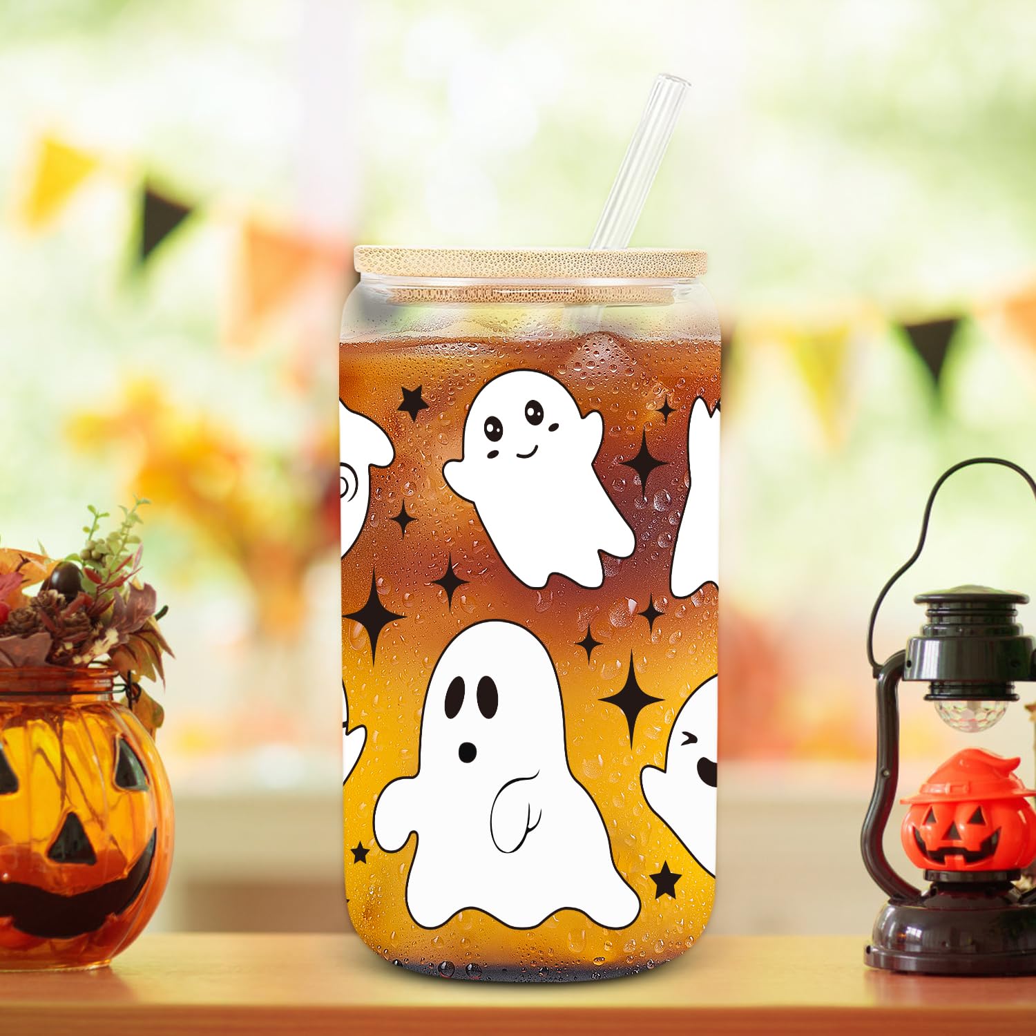 UAREHIBY Halloween Ghost Glass Cup, Cute Boo Basket Stuffers, Spooky Cups for Iced Coffee, 18oz Tumbler Glass Cups with Lids and