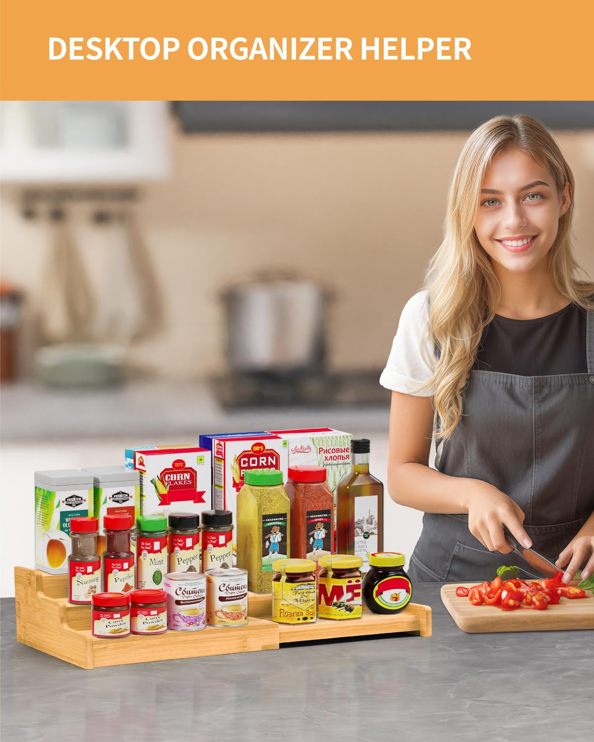 VenDotbi Spice Rack Organizer, 3 Tier Expandable Bamboo Spice Rack Organizer, Great for Kitchen Cabinet, Cupboard, Pantry and Mo
