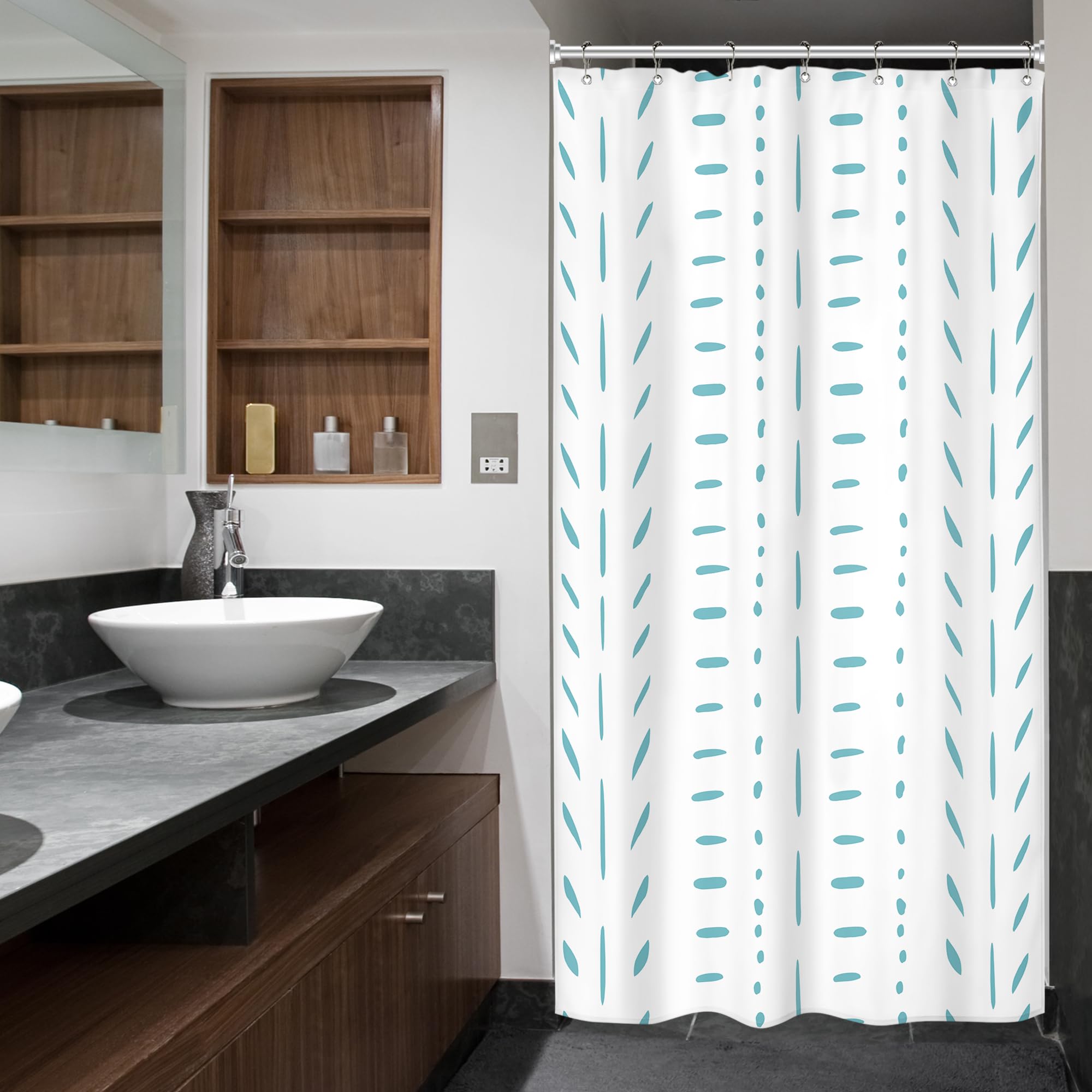 Riyidecor Stall Small Boho Teal Half Size Shower Curtain Striped Geometric Chevron Herringbone 36Wx72H Inch Single Narrow Tiny W