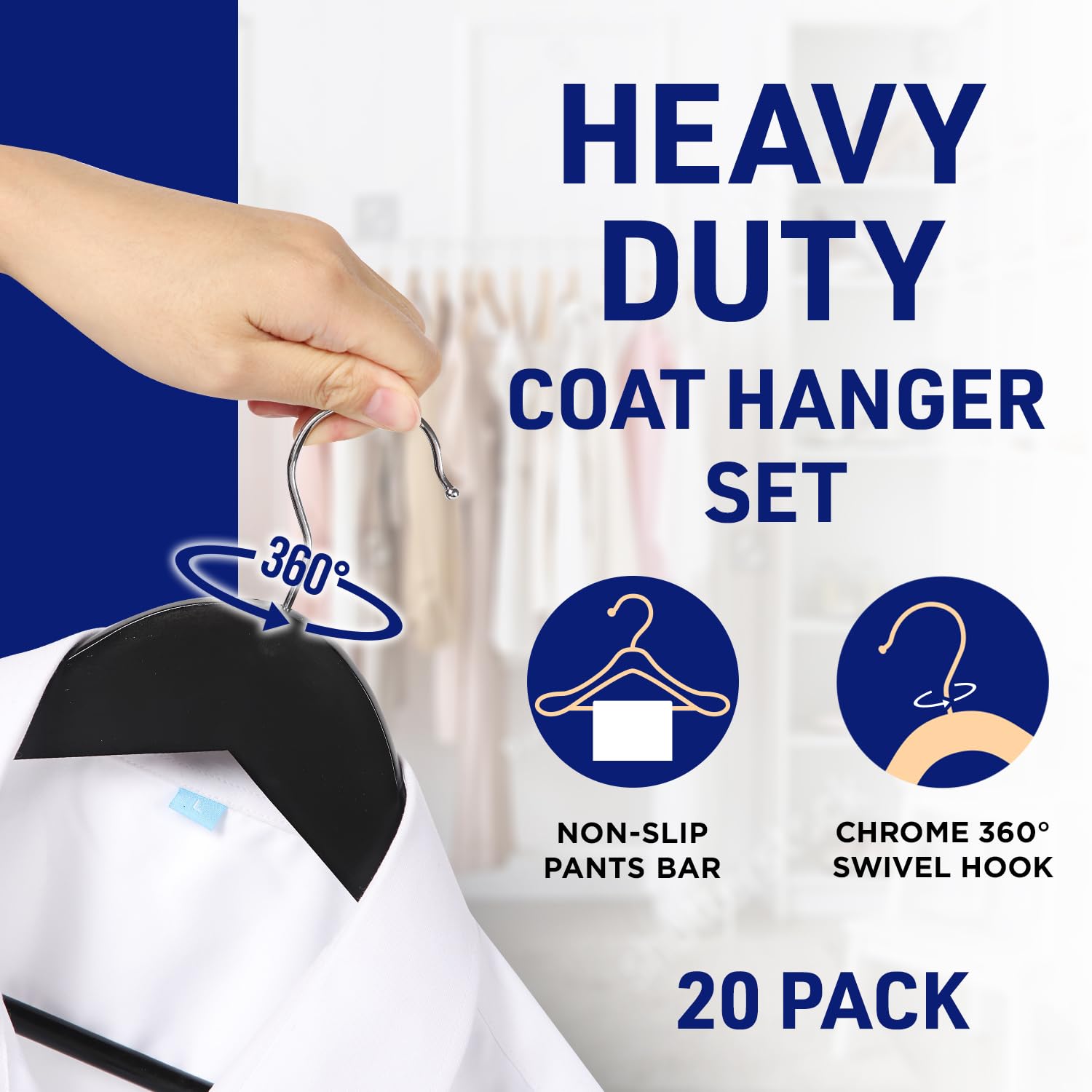 Lifemaster Wooden Hanger Set - 20 Pieces Non-Slip Versatile Closet Space-Saving Hanger Set For Suit, Coat, Camisole, Jacket, Pan