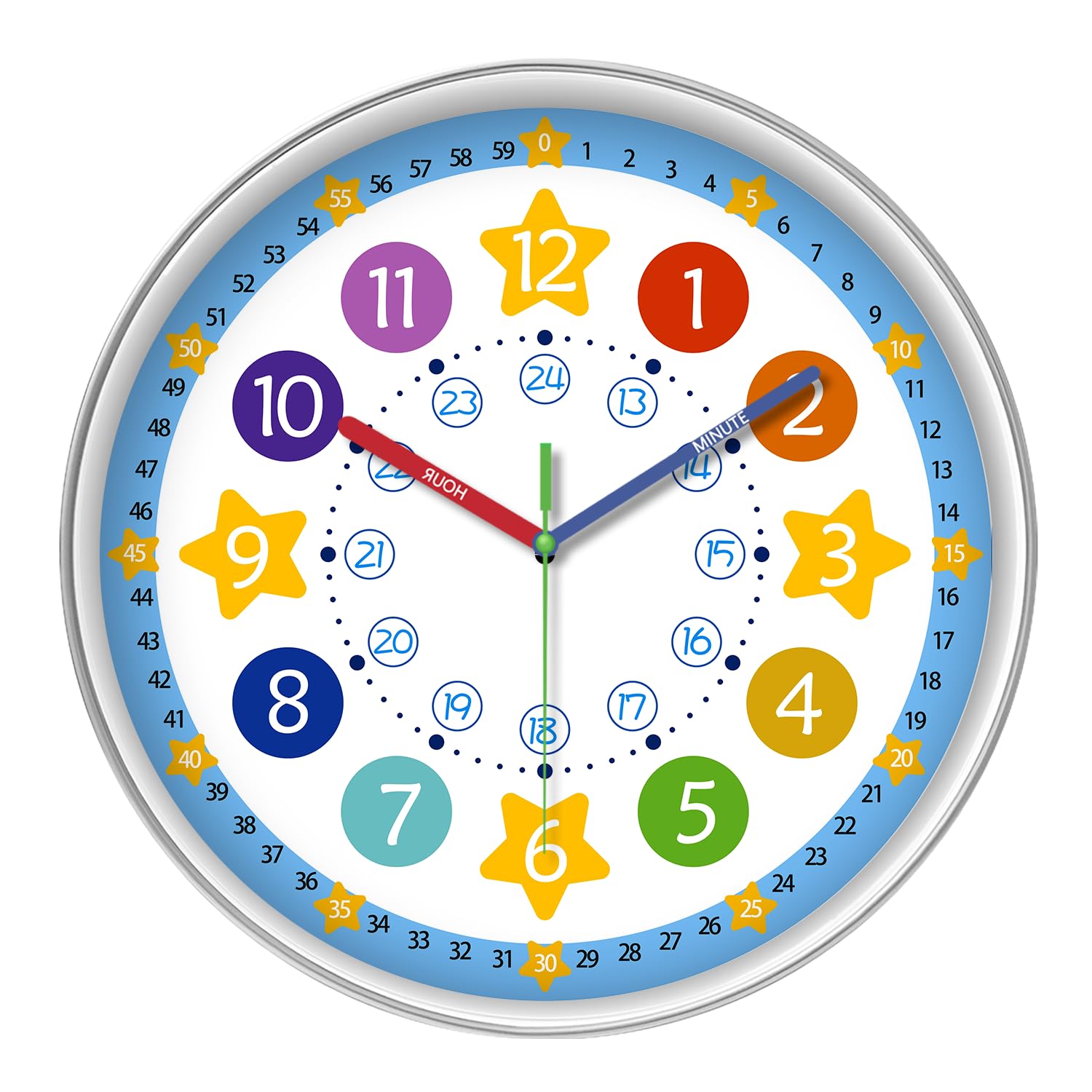 Xfm Small Wall Clock Non Ticking - Plastic Kids Clock For Bedroom - Colorful Time Teaching Clock Battery Operated 12 Inch