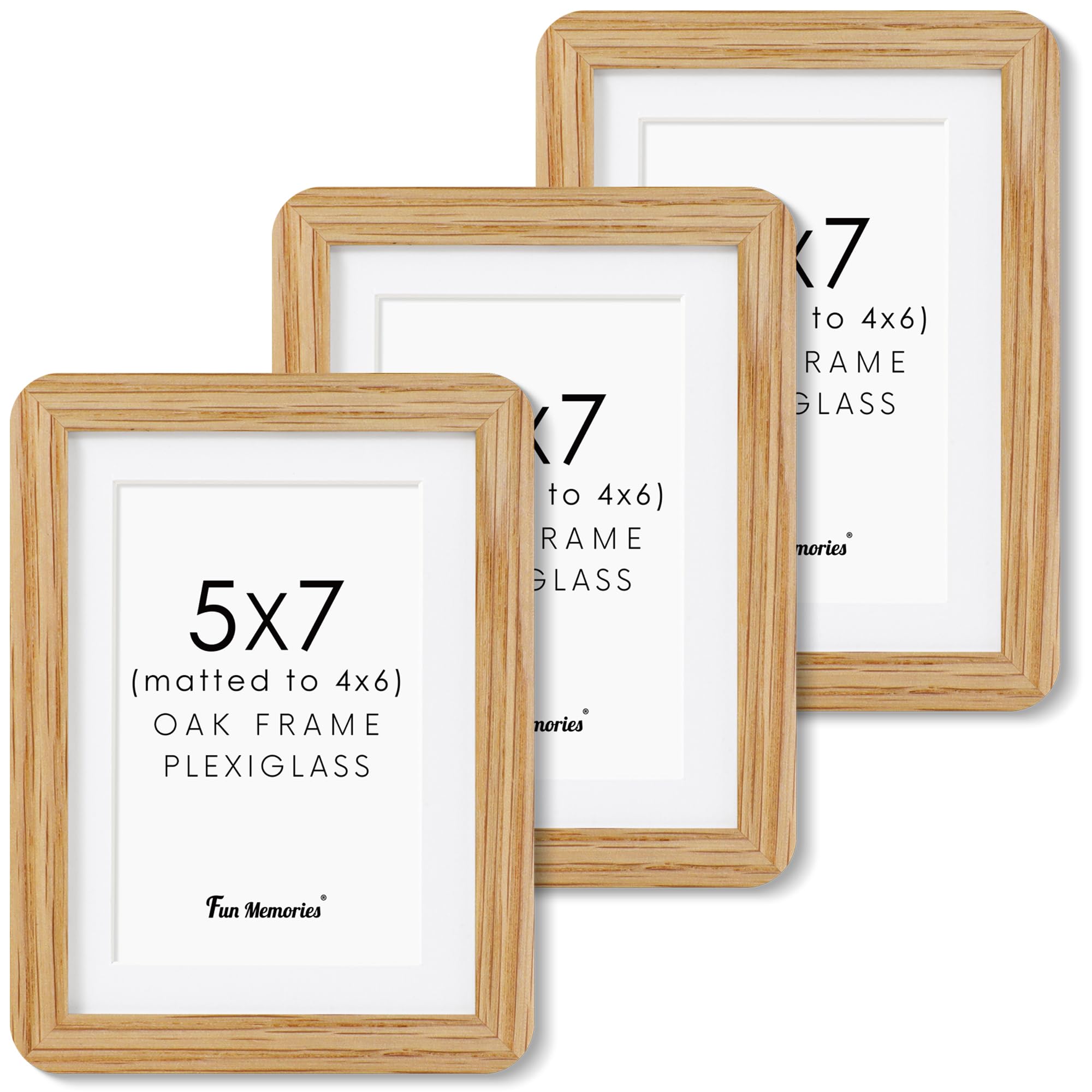 5x7 Picture Frame Set of 3, 5 by 7 Photo Frames for Wall & Tabletop Display, Solid Oak Wood Frames with Plexiglass, 5x7 Frame Ma