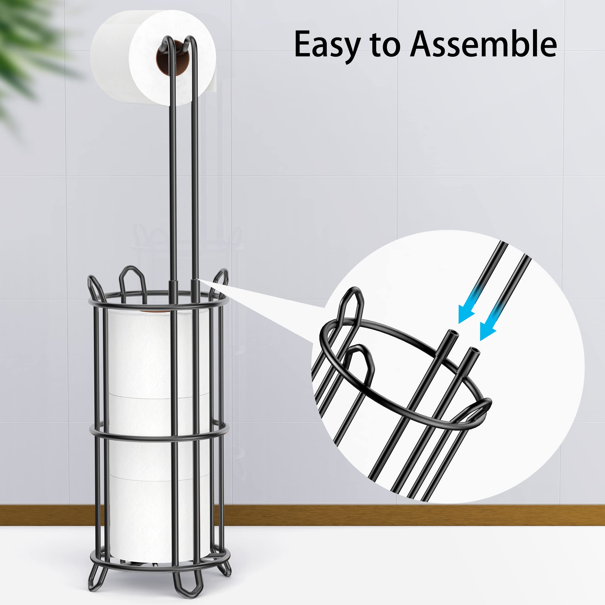 Meangood Freestanding Toilet Paper Holder Stand and Tissue Paper Roll Dispenser  Bathromm Storage Organization-Holds 4 Rolls -Metal Wire Black