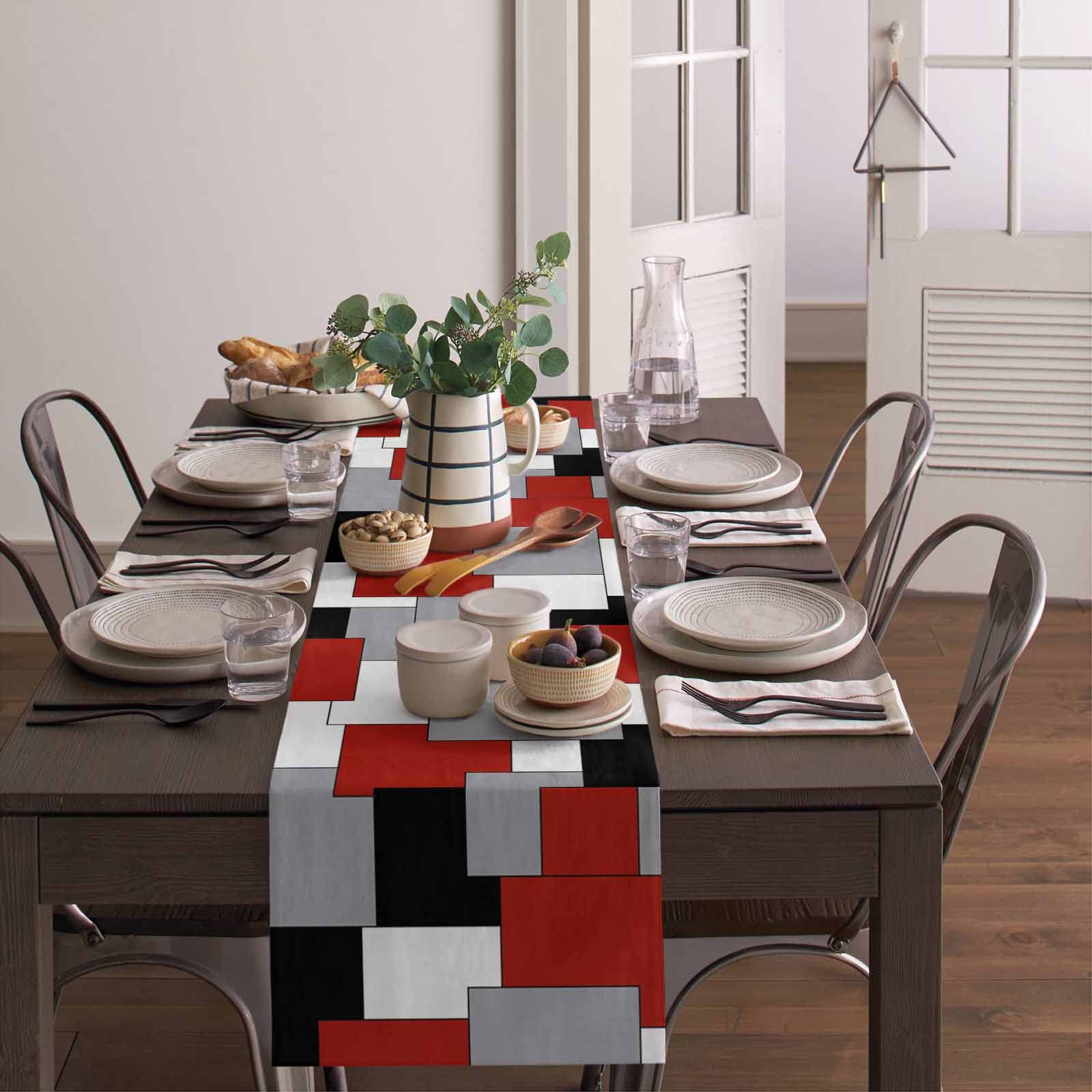Irregular Geo Cotton Linen Table Runner Dresser Scarves,White Grey Black Red Abstract Geometric Table Runners For Dinning Table,