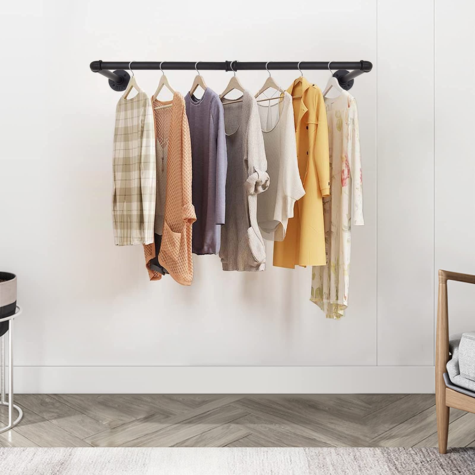 Tlbtek Industrial Pipe Clothes Rack,Heavy Duty Rustic Clothes Hanging Shelves System,Wall Mounted Detachable Black Iron Metal Ga