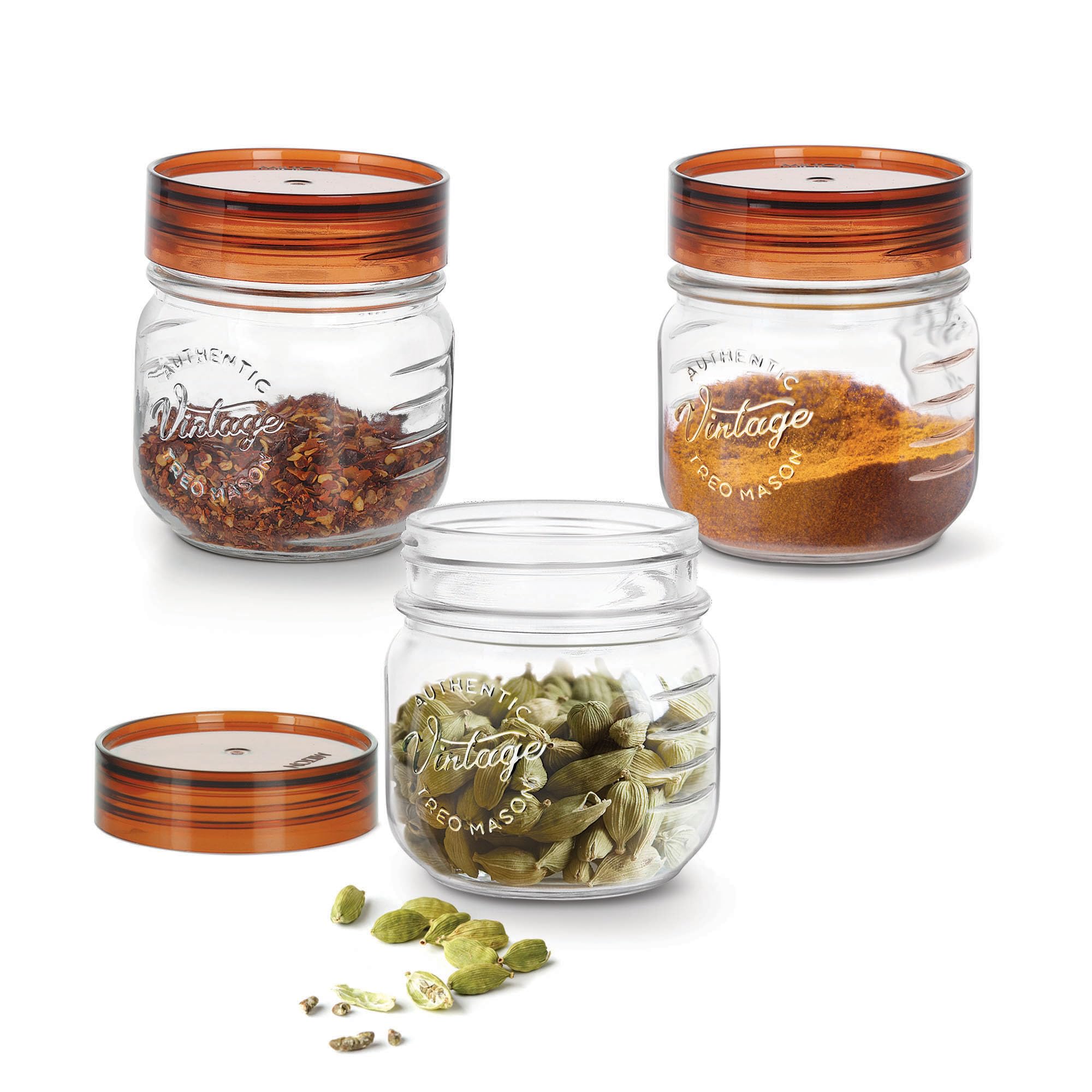 Treo By Milton Vintage Glass Jar With Plastic Lid, Set Of 3, 300 Ml, Transparent |Storage Jar | Kitchen Organiser | Modular |Foo