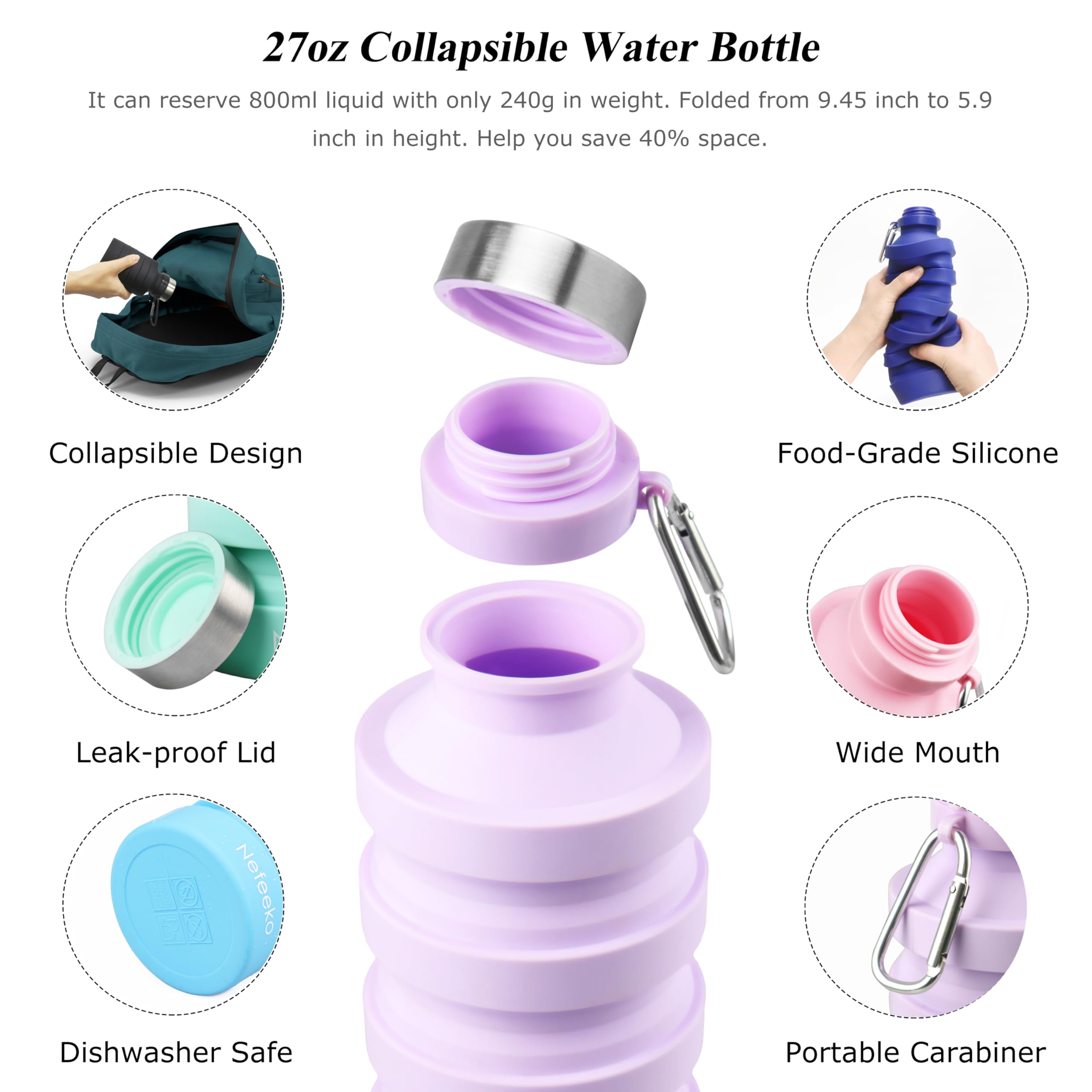 Nefeeko Collapsible Water Bottle, Reuseable Bpa Free Silicone Foldable Portable Leak Proof Sports Water Bottle With Carabiner Fo