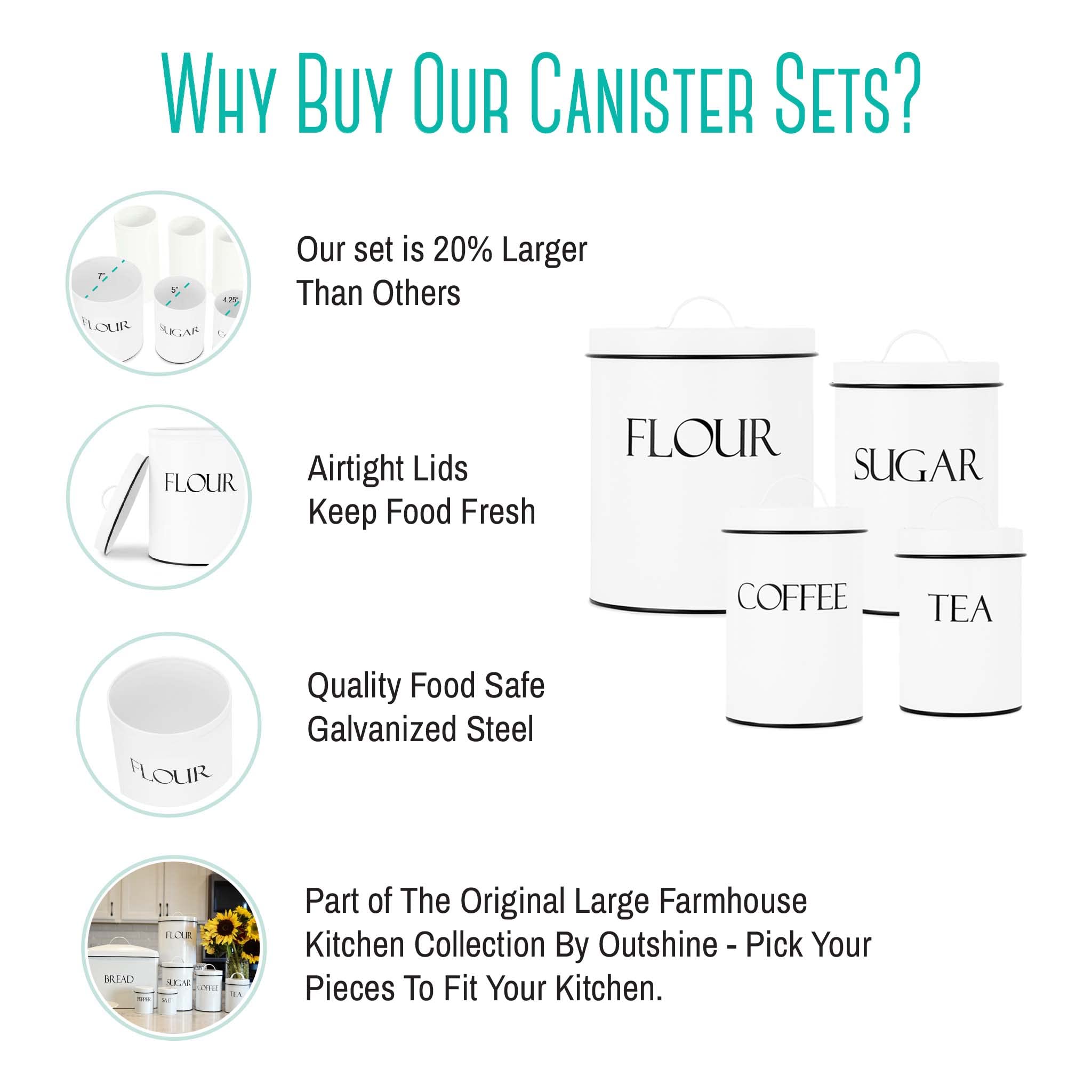 Outshine Kitchen Canisters For Countertop Set Of 4 | Farmhouse Canister Sets For Kitchen Counter White | Flour Sugar Coffee Cani