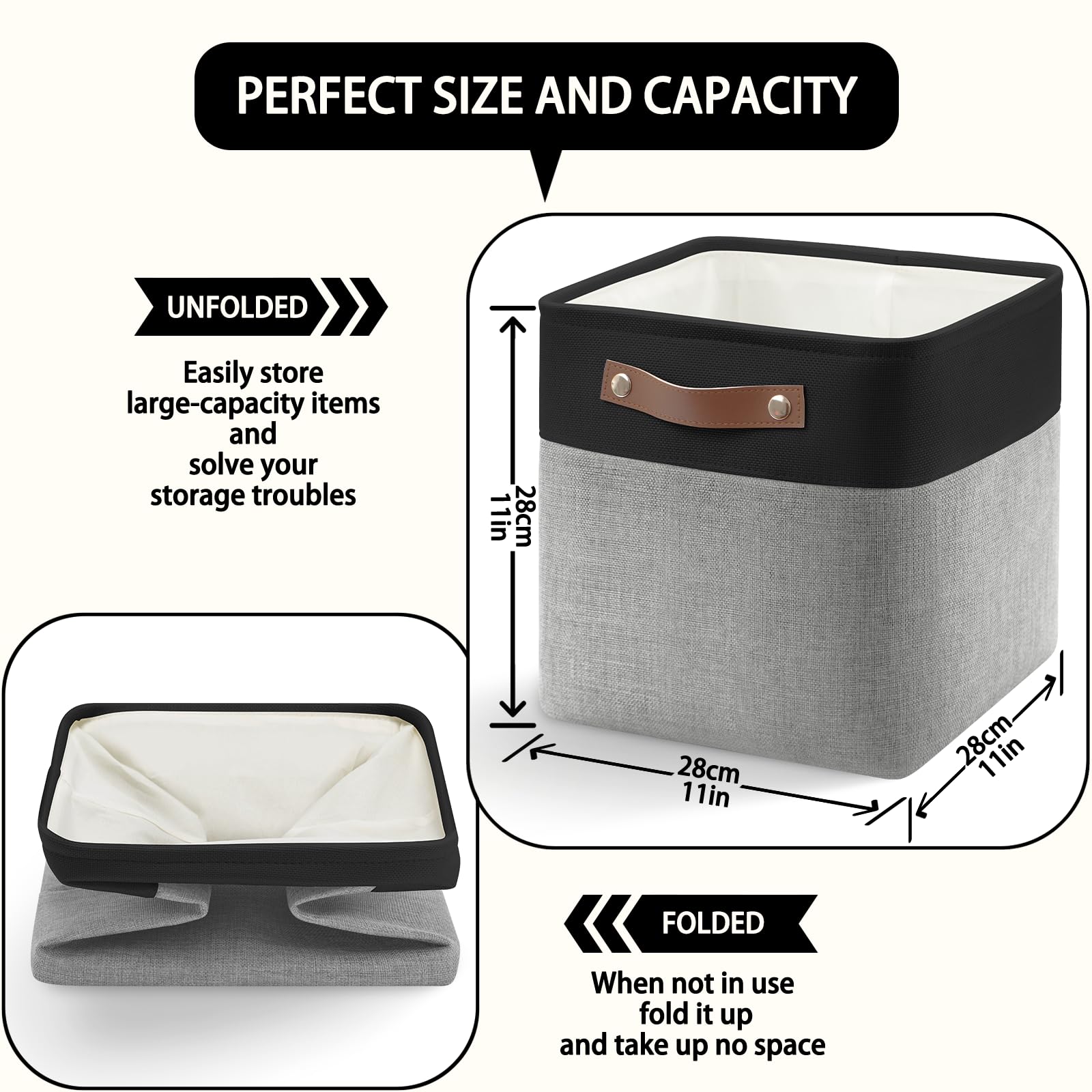Patvingot Collapsible Fabric Cube Storage Bins 11X11  11, Pack Of 4 Closet Basket Boxes With Pu Handles For Organizing Shelves,