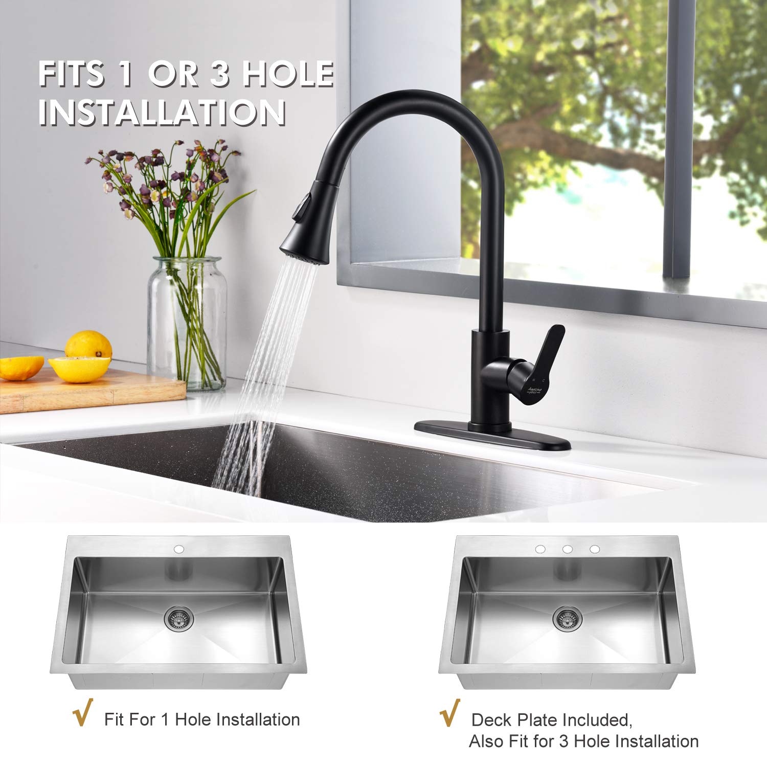 Kitchen Faucet with Pull Down Sprayer:2 Modes Stainless Steel Kitchen Sink Faucet Single Handle Faucet for Kitchen Sink RV Kitchen Faucet Laundry Sink Faucet with 1.8GPM  Matte Black