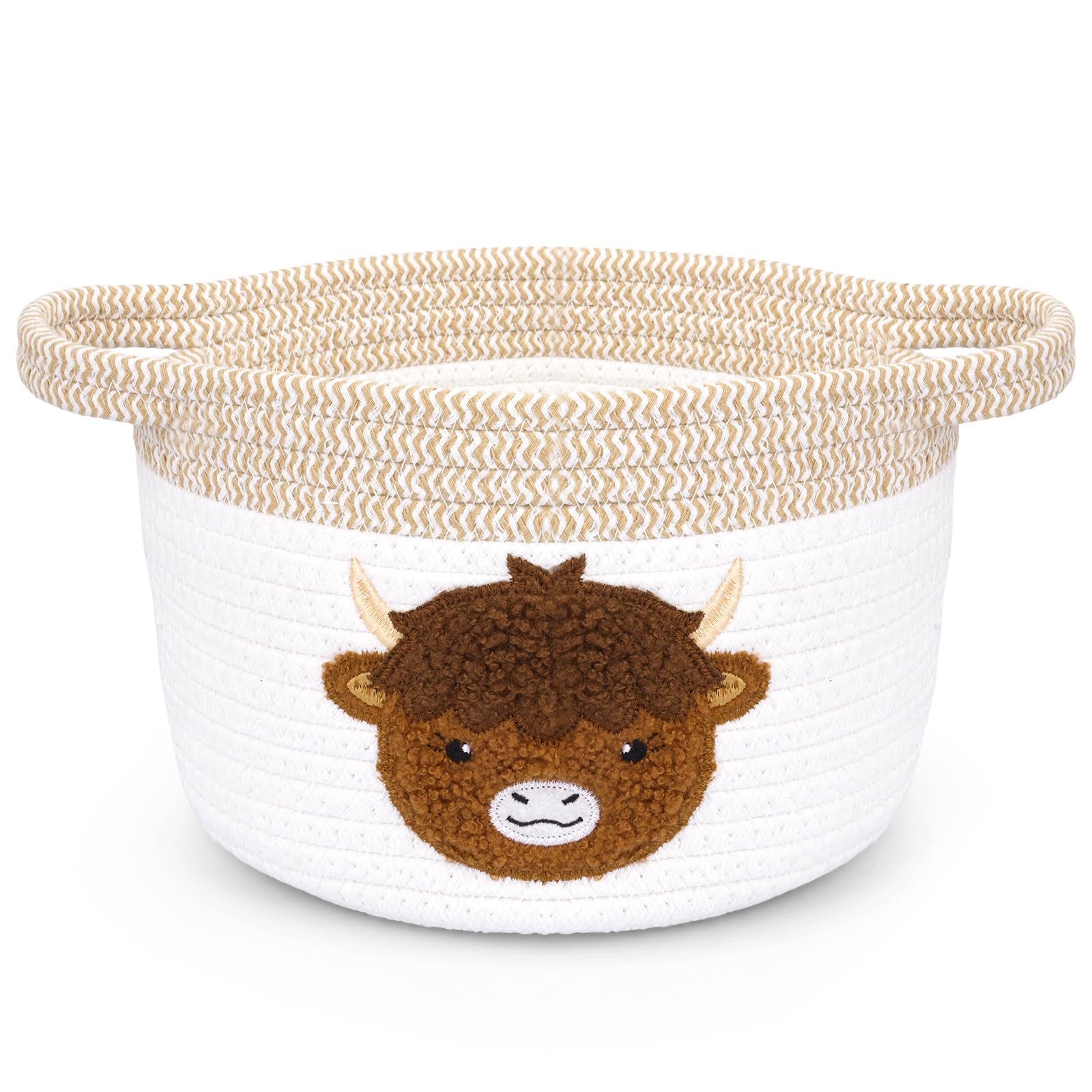 Highland Cow Gift Basket - Small Woven Cotton Rope Organizer Basket for Nursery, Pet Toys & Baby Shower, Foldable Decorative Bin