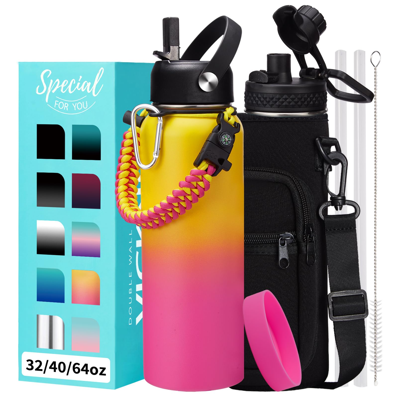 40 oz Water Bottle with Straw - Stainless Steel Water Bottles Insulated w/Auto Spout Lid, Strap Carrying Case, Paracord Handle, 