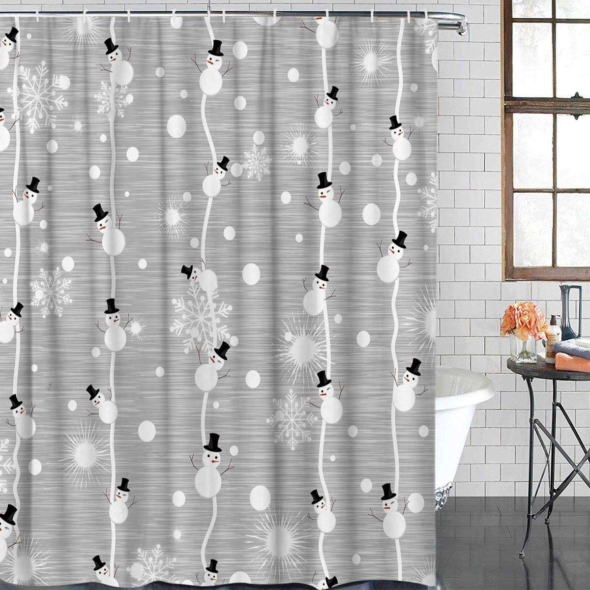 Merry Christmas Shower Curtain, Snowman And Snowflake On Grey Background Digital Print, Fabric Bathroom Decor With Hooks, 54 X 7
