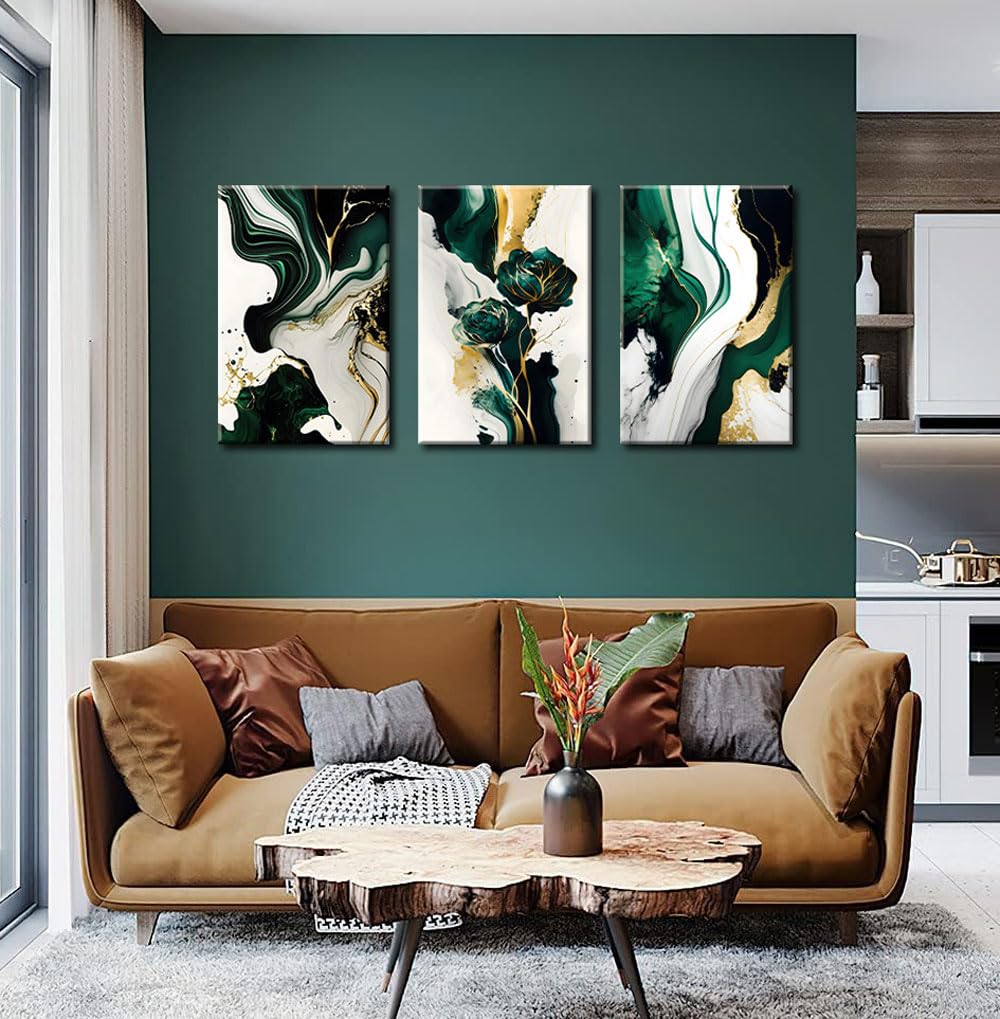 3Pcs Framed Emerald Green Wall Art, Modern Green And Gold Abstract Marble Canvas Wall Art Paintings Prints Posters Wall Decor Pi