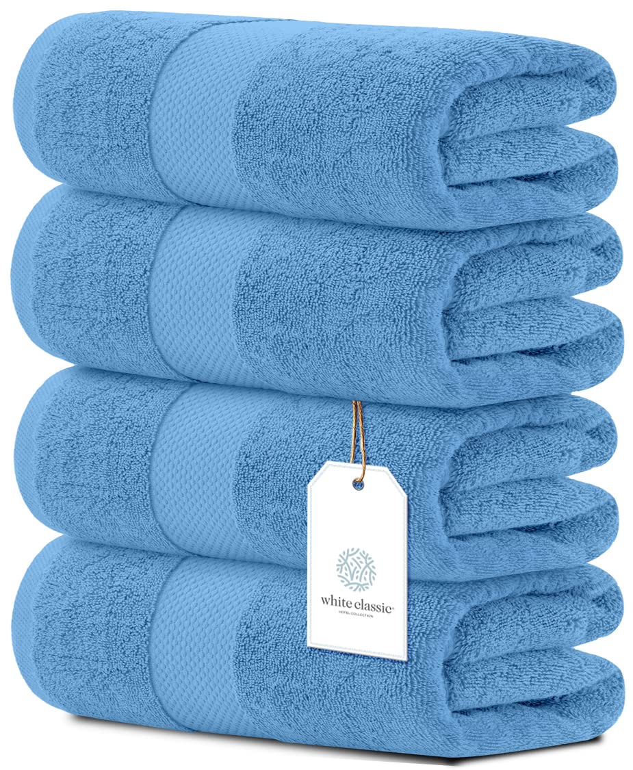 White Classic Luxury Bath Towels Large - Cotton Hotel spa Bathroom Towel 30x56  4 Pack  Light Blue