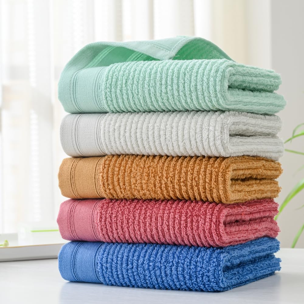 Yiluomo Ribbed Striped Hand Towel Set Of 2 Soft And Absorbent 100% Cotton Bathroom Hand Towel Decorative 13 X 29 Inch (Green)