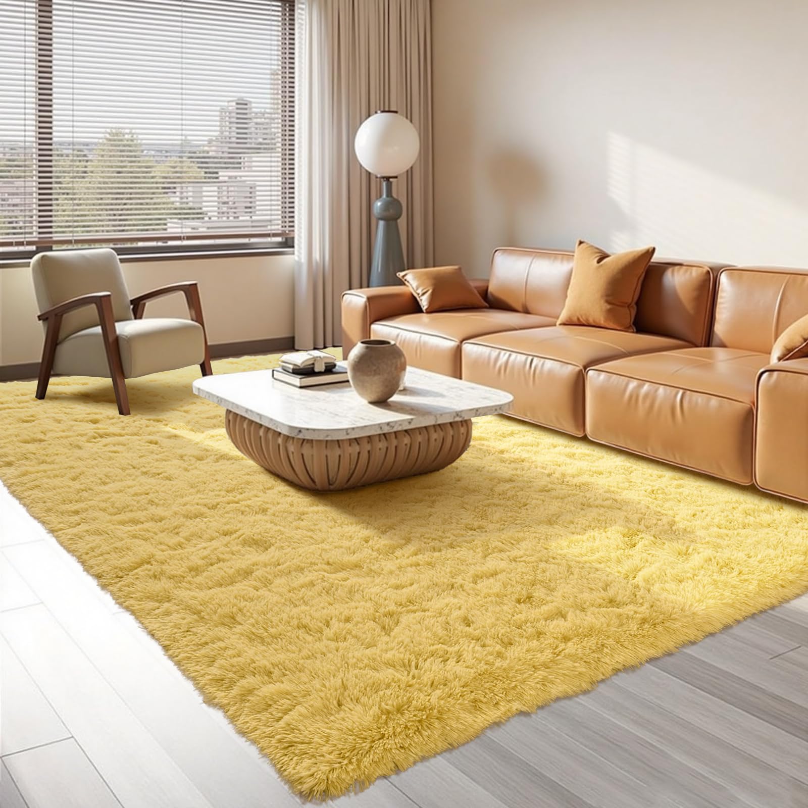 5x8 Ft Yellow Rugs for Bedroom Living Room, Soft Modern Indoor Fuzzy Shaggy Area Rug, Non-Slip Fluffy Furry Rug for Teen Girls a