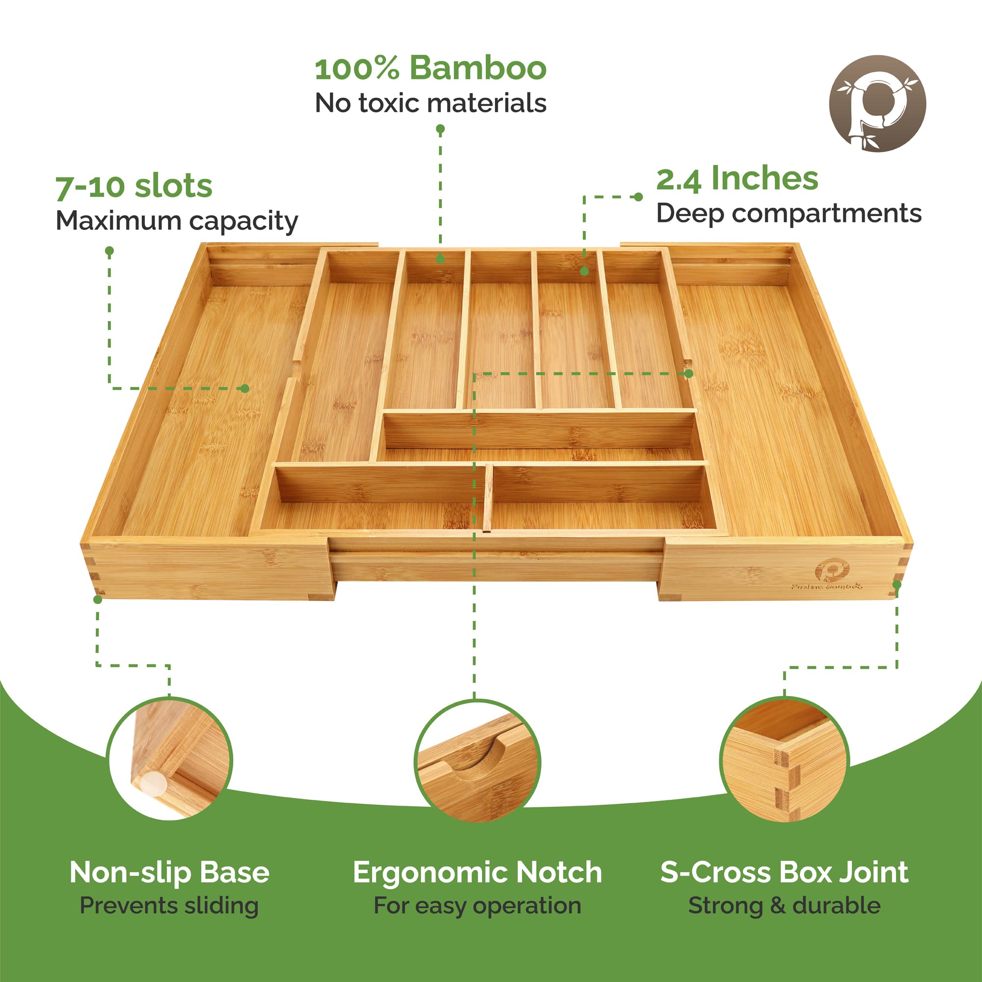 Pristine Bamboo Silverware Organizer - Expandable Kitchen Drawer Organizer - Adjustable Kitchen Drawer Organizer for Utensils  Expandable to 25 Inches Wide  10 Compartments  Silverware Tray for Drawer