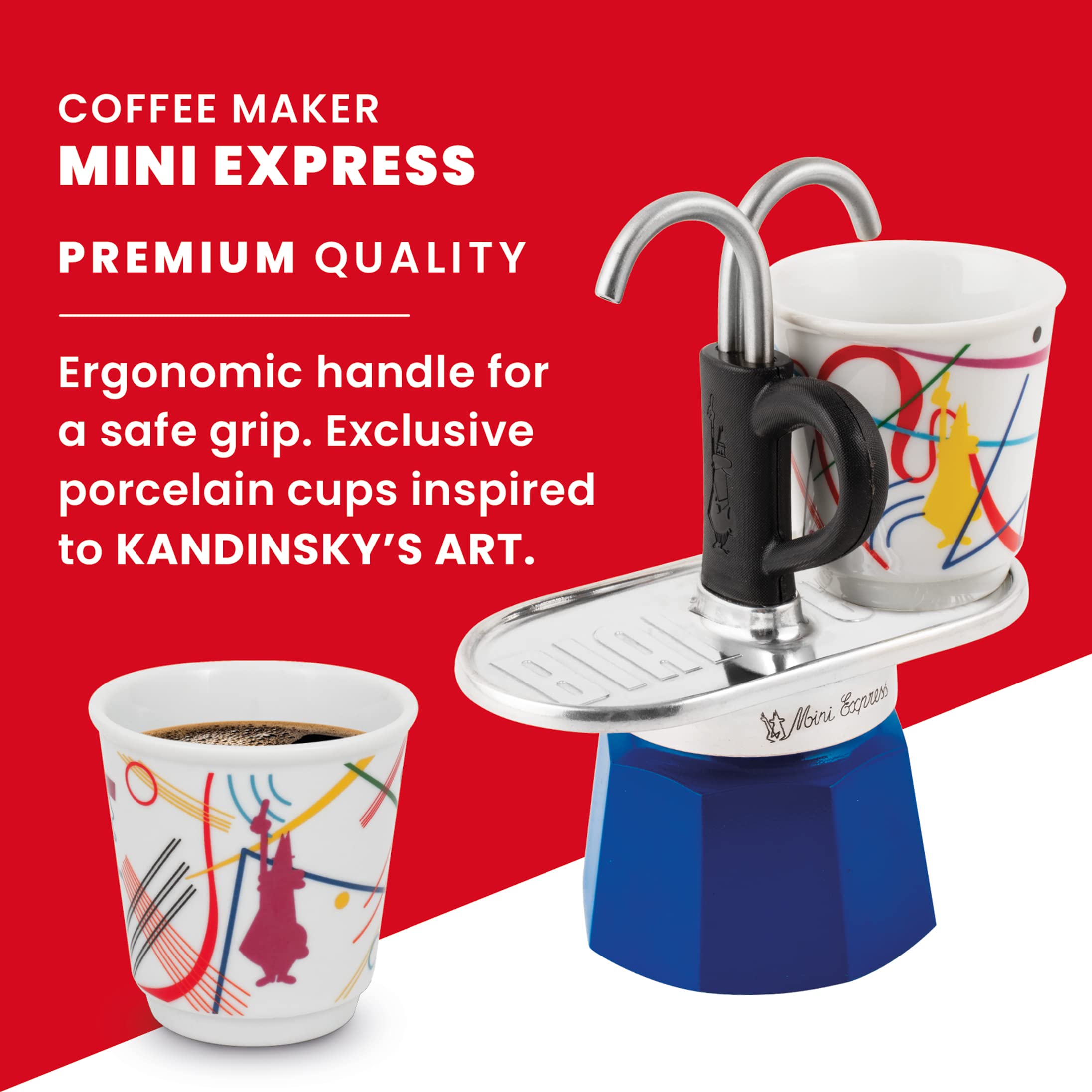 Bialetti - Mini Express Kandinsky: Moka Set Includes Coffee Maker 2-Cups (2.8 Oz) + 2 Shot Glasses, Light Blue, Aluminum