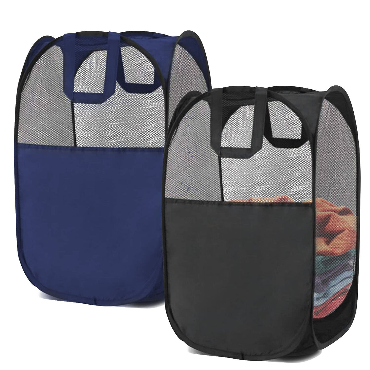 Benjunc 2 Laundry Baskets, Pop-Up Laundry Baskets, Foldable Mesh Laundry Baskets (Each With 2 Reinforced Handles), Black + Blue