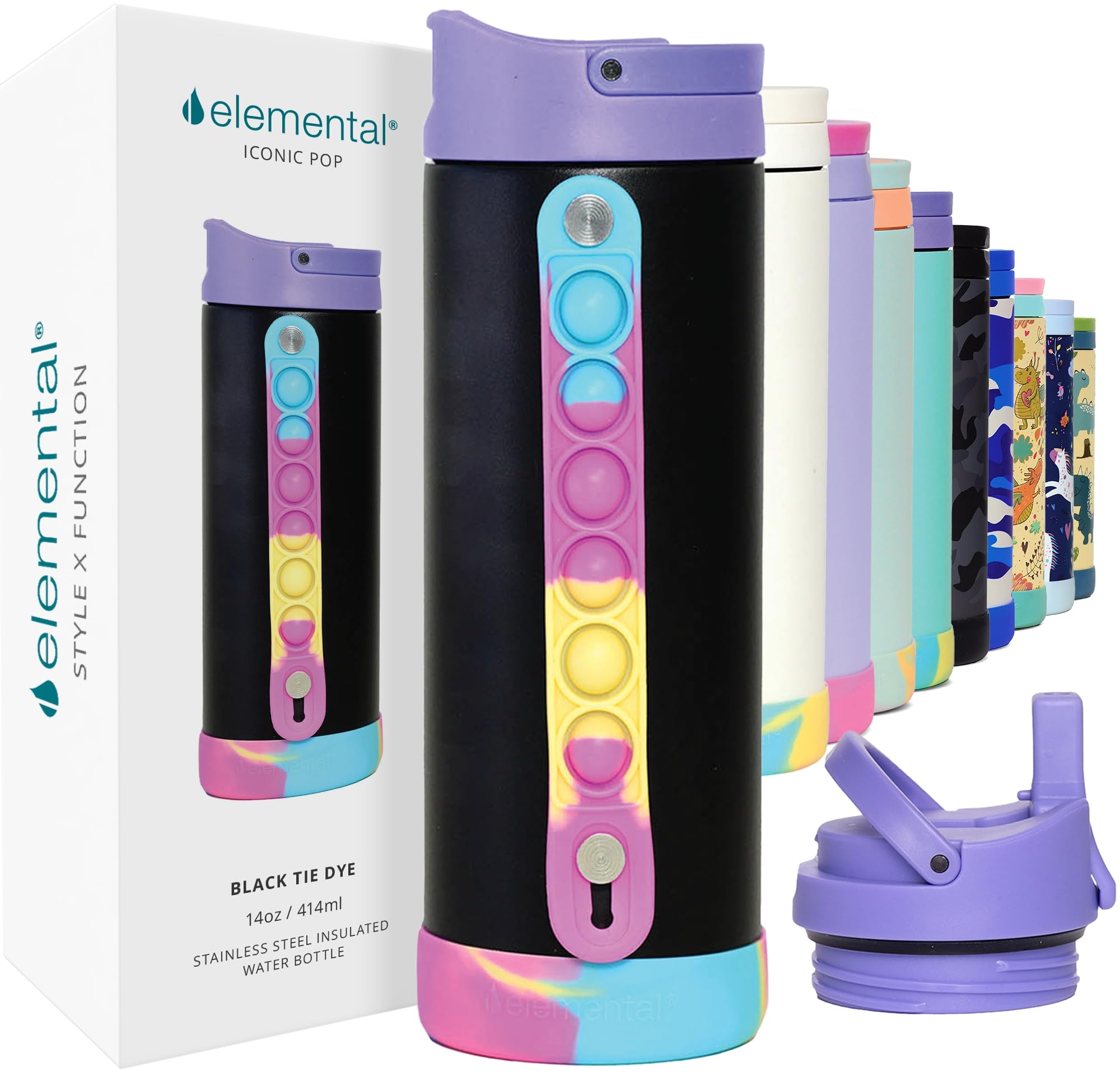 Elemental Iconic Kids Water Bottle with Straw Lid & Stress Relief Pop It Handle, LeakProof When Closed, Triple Insulated Kids S