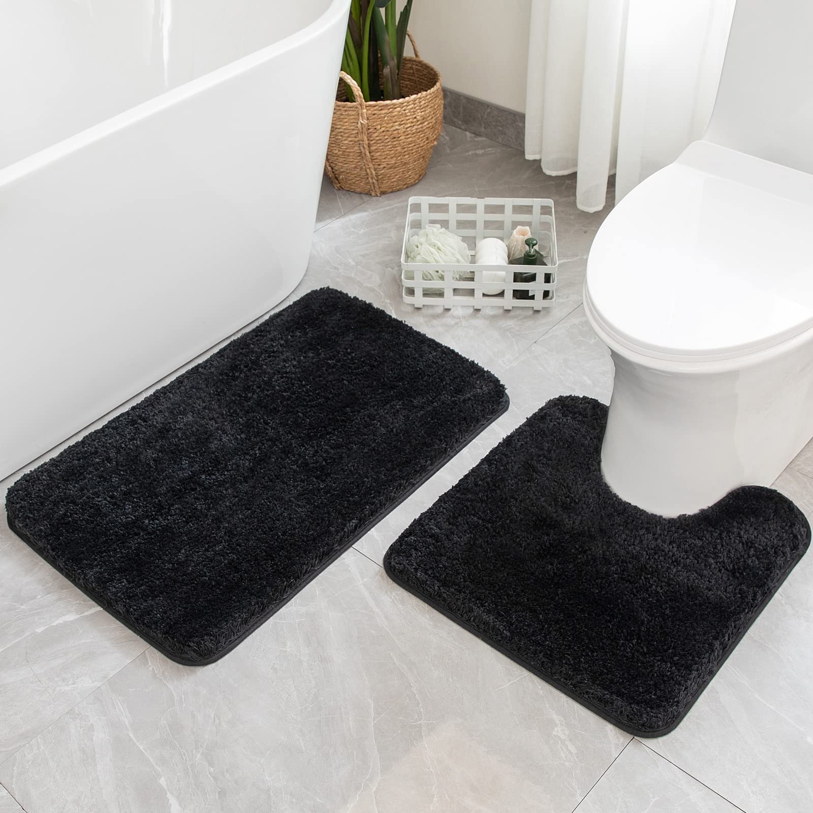 Miulee Microfiber Bathroom Rugs And Mats Sets 2 Pieces Extra Thick Non Slip Bath Mat And U-Shaped Contour Toilet Rug For Bath Ro