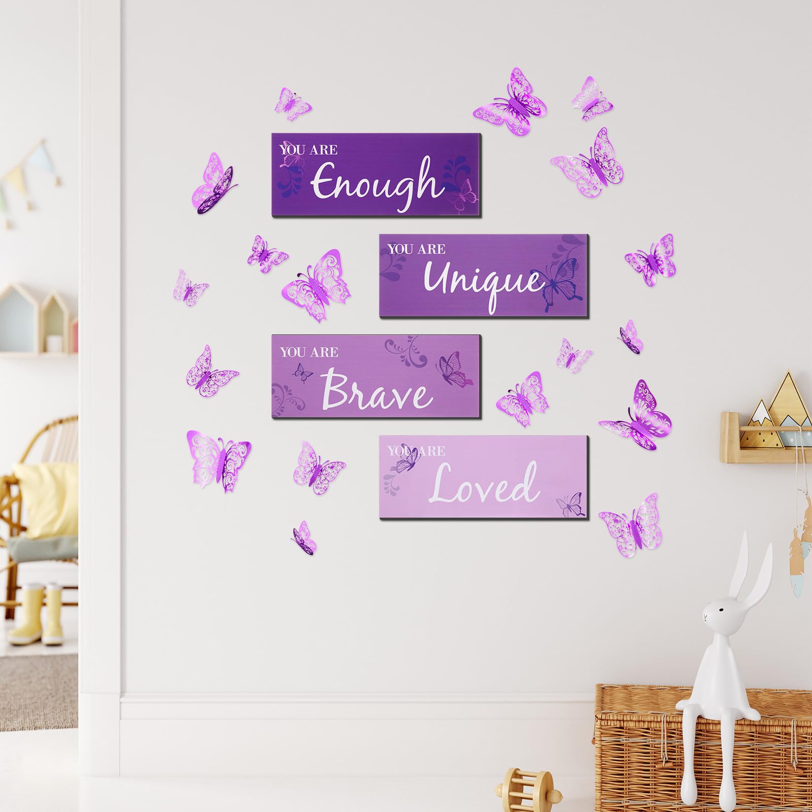 Blulu 4 Pcs Butterfly Inspirational Quotes Wooden Wall Decor and 3D Butterfly Wall Decor Girls Room Inspirational Gift for Teen