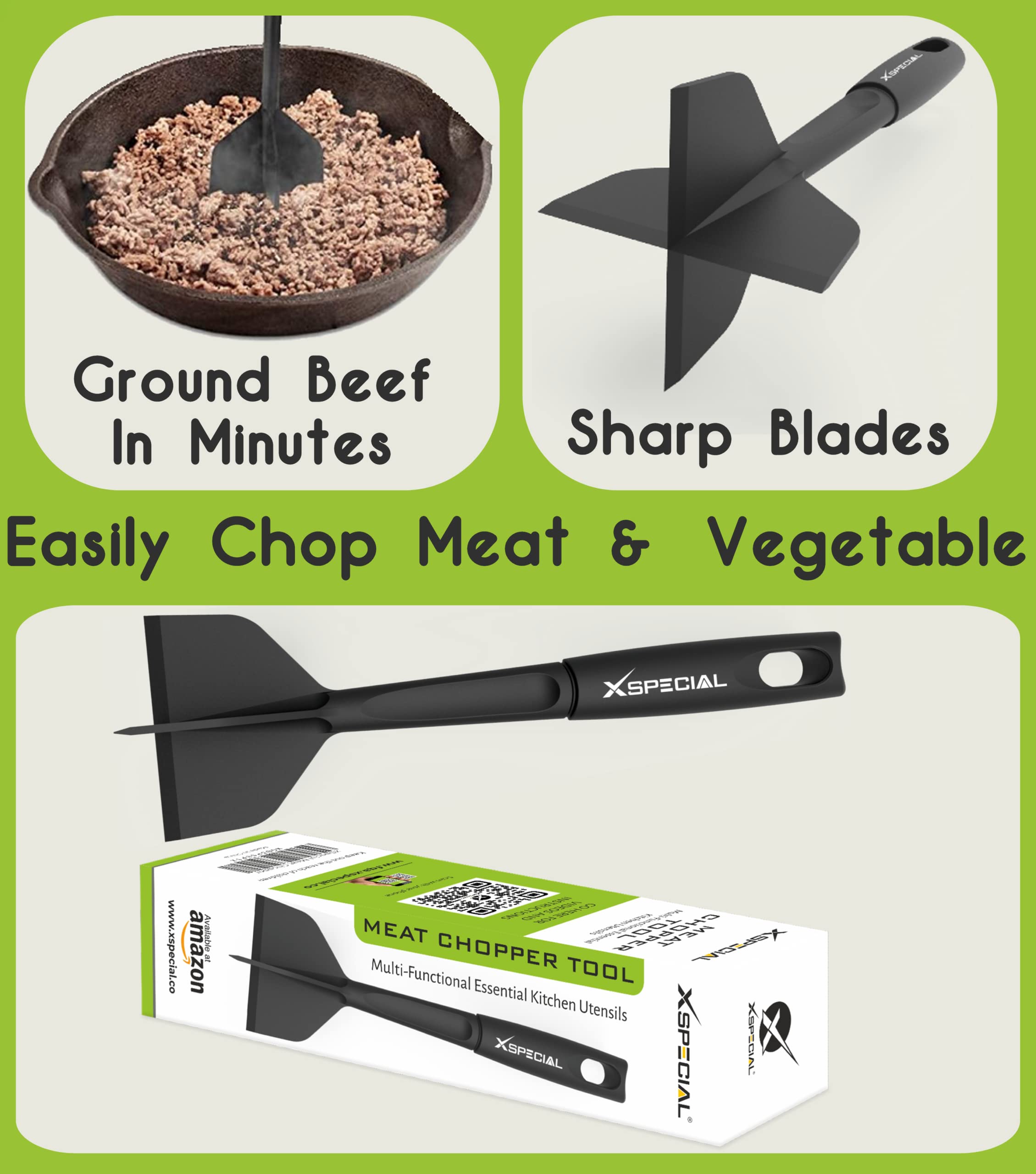 XSpecial Professional Meat Chopper Tool, Fast & Ergonomic Nylon Smasher, Dishwasher Safe, One Size, Black, Model MST01