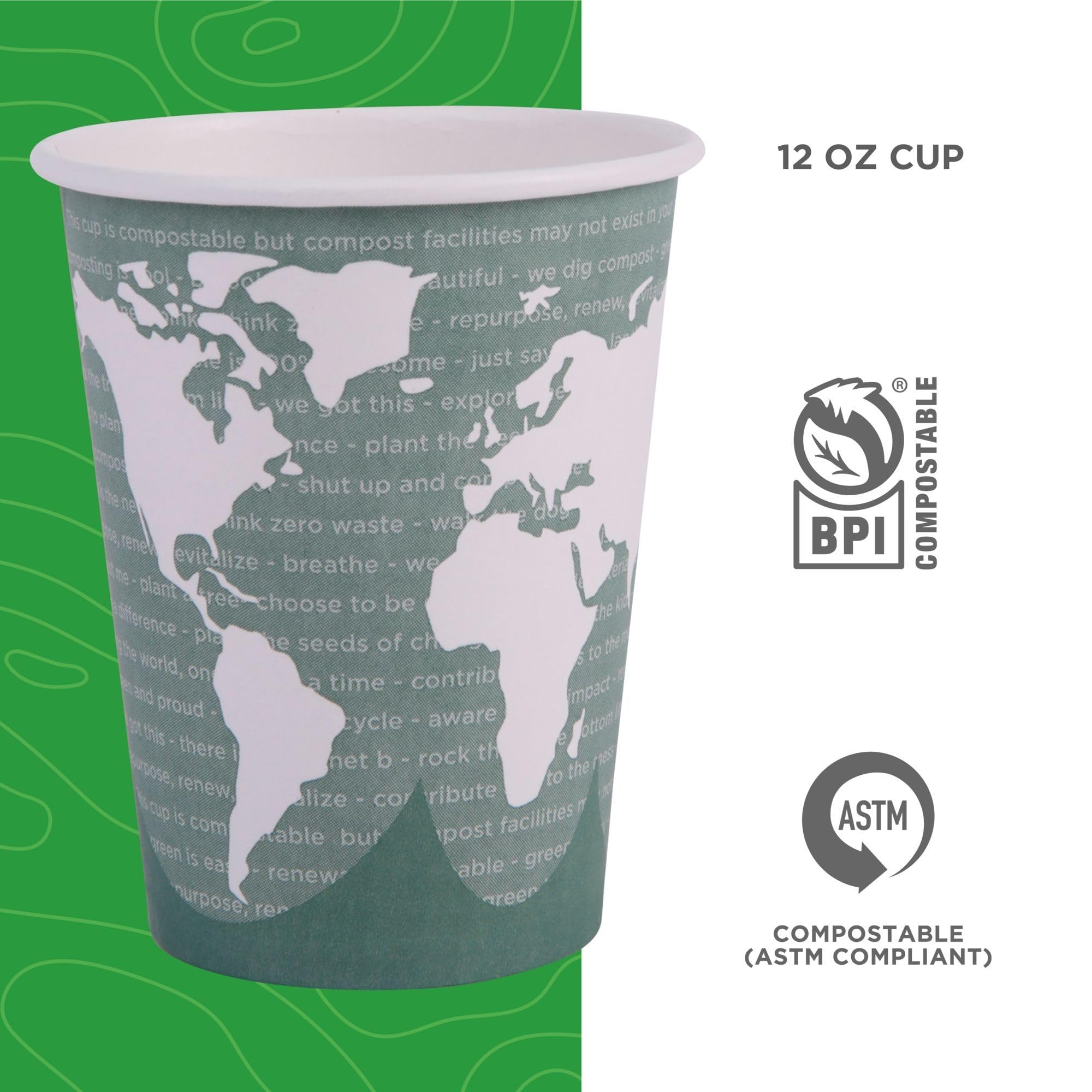 Eco-Products World Art Disposable Hot Coffee Cup, Eco-Friendly Compostable Pla Lined Take Out Paper Cup, 12 Fl Oz, Case Of 1000