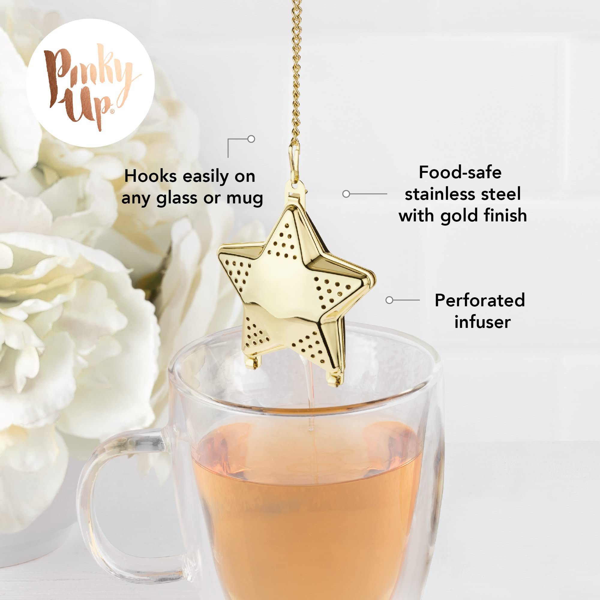 Pinky Up Star Shaped Tea Ball, Reusable Loose Leaf Tea Infuser, Brew Tea With Ease, Stainless Steel, Gold