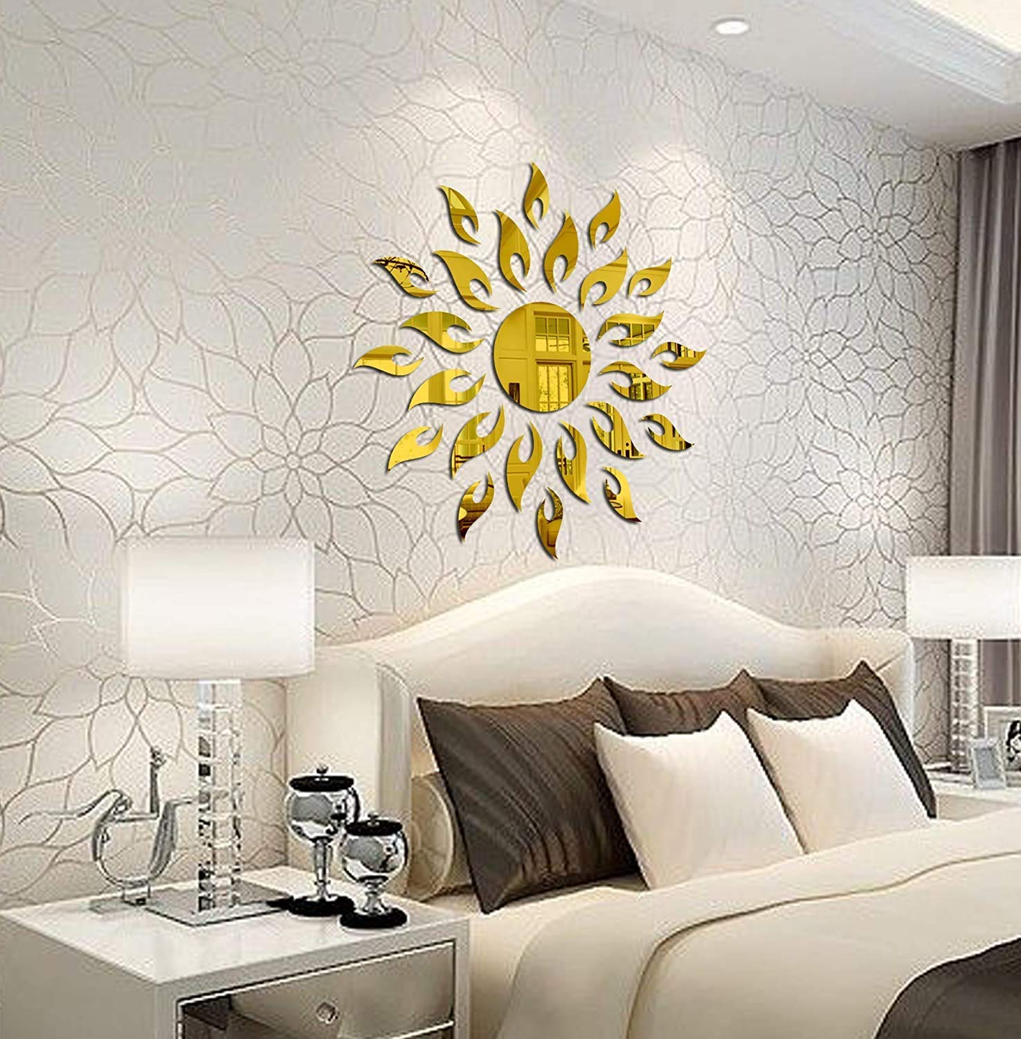 Walldaddy - Sun Golden - 3D Acrylic Decorative Mirror Wall Sticker, Gold, 1 Piece