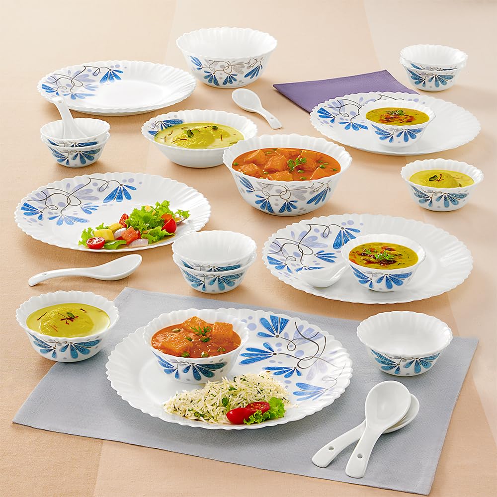 Larah By Borosil Twilight Silk Series Opalware Dinner Set | 27 Pieces For Family Of 6 | Microwave & Dishwasher Safe | Bone-Ash F