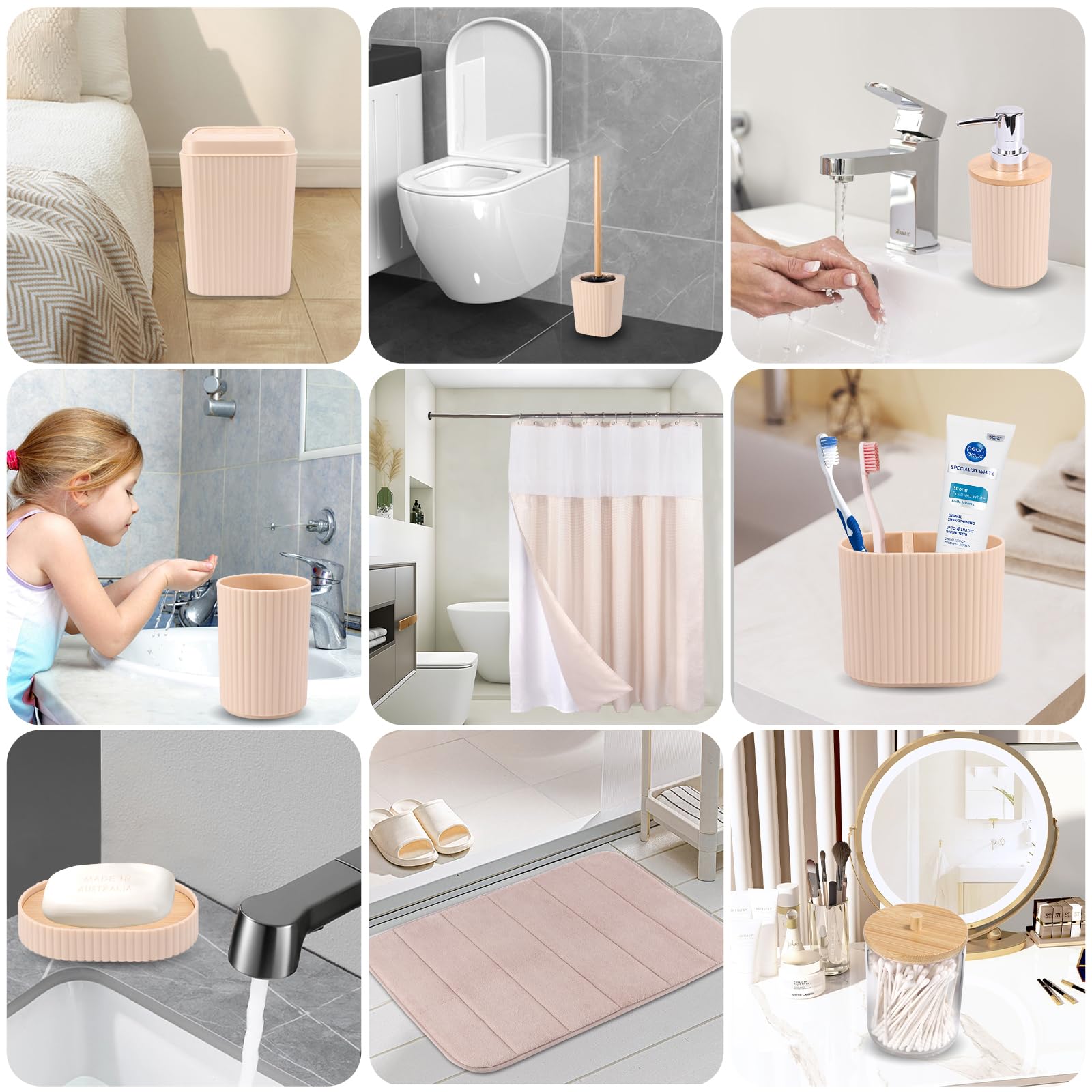 Complete Beige Bathroom Accessories Set 23Pcs - Waffle Shower Curtain With Snap-In Liner, 2Pcs Bath Rug, Trash Can, Toilet Brush