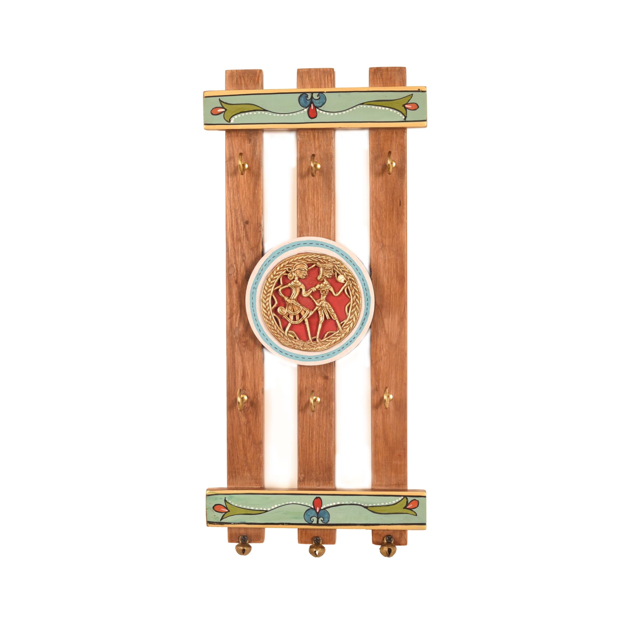 AAKRITI ART CREATIONS Key Holder, Brass Elegance Key Hanger | Rustic Teak Wood Wall Organizer with 6 Hooks | New Home Gifts | Mu