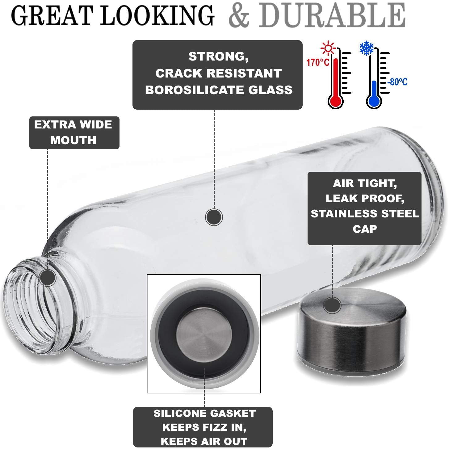 Brieftons Borosilicate Glass Water Bottles With Caps: Clear, 6 Pack, 18 Oz, Heat Resistant, Slim, Easy To Store, Leakproof Lids,