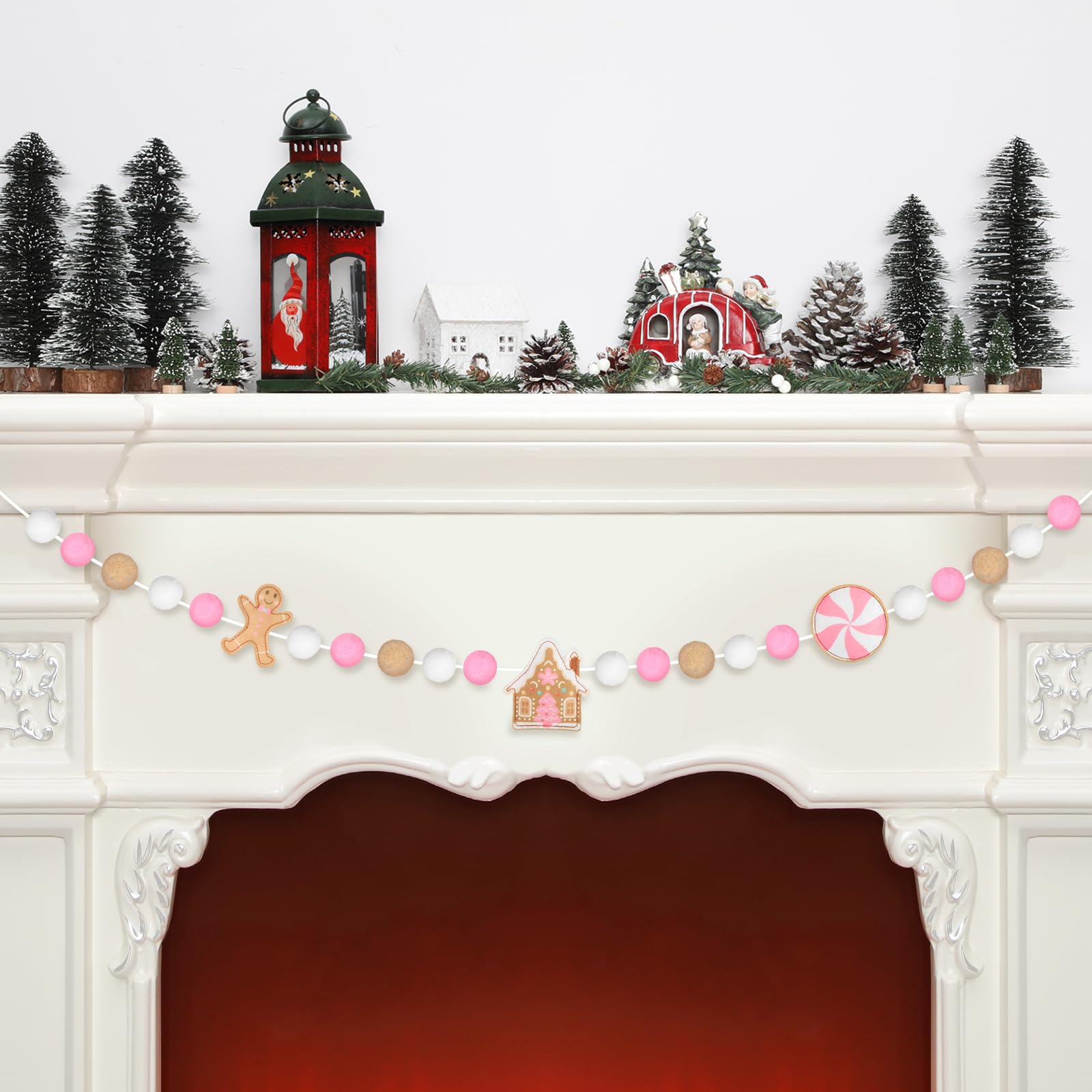 HunnmingRe Pink Christmas Gingerbread Garland 10 ft Gingerbread Man Candy House Pom Ball Felt Banner Pink White Brown Hanging De