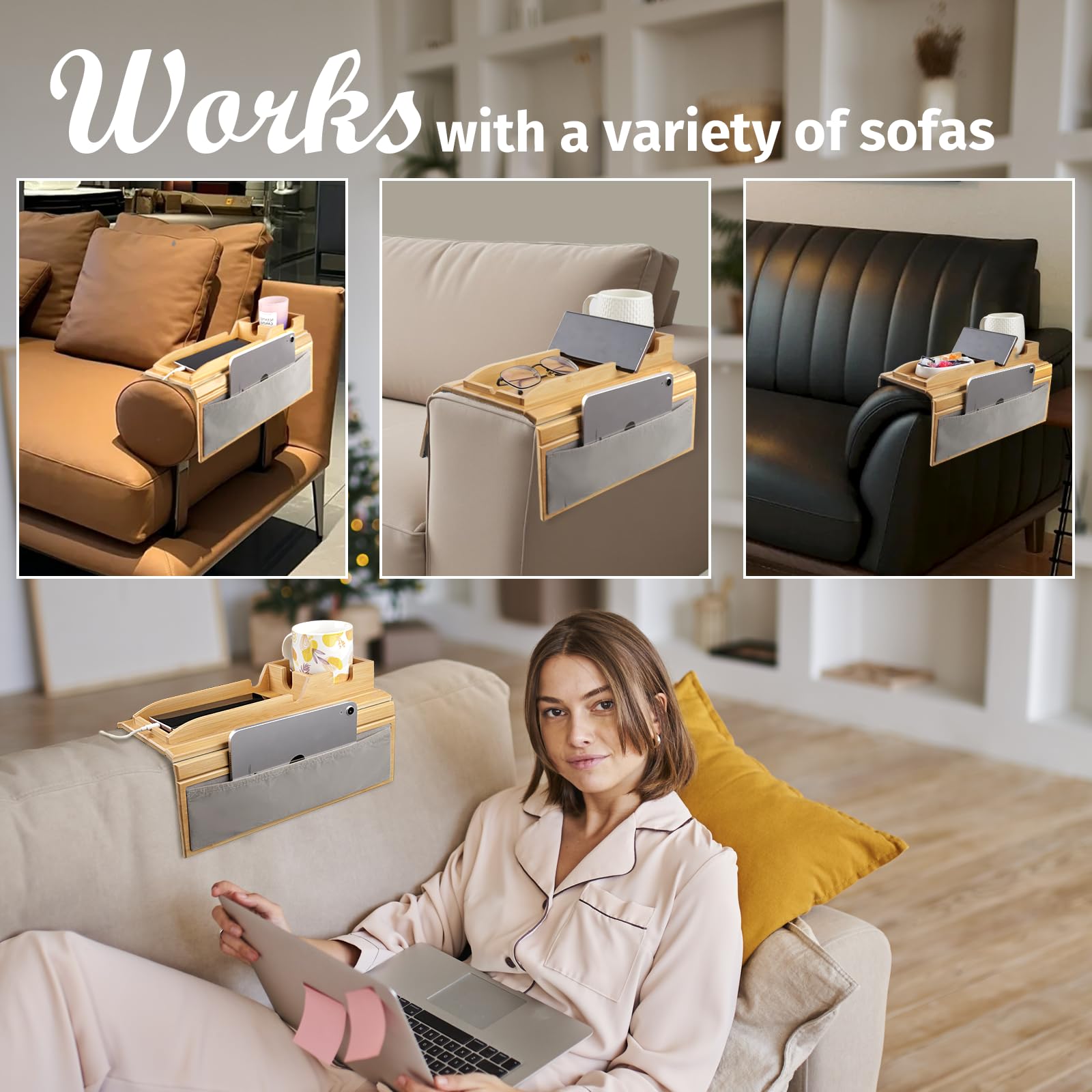 Giifer Couch Cup Holder Tray,4 In 1 Couch Arm Table With Side Storage Pocket,Couch Arm Tray Anti-Slip, Bamboo Couch Table For Dr
