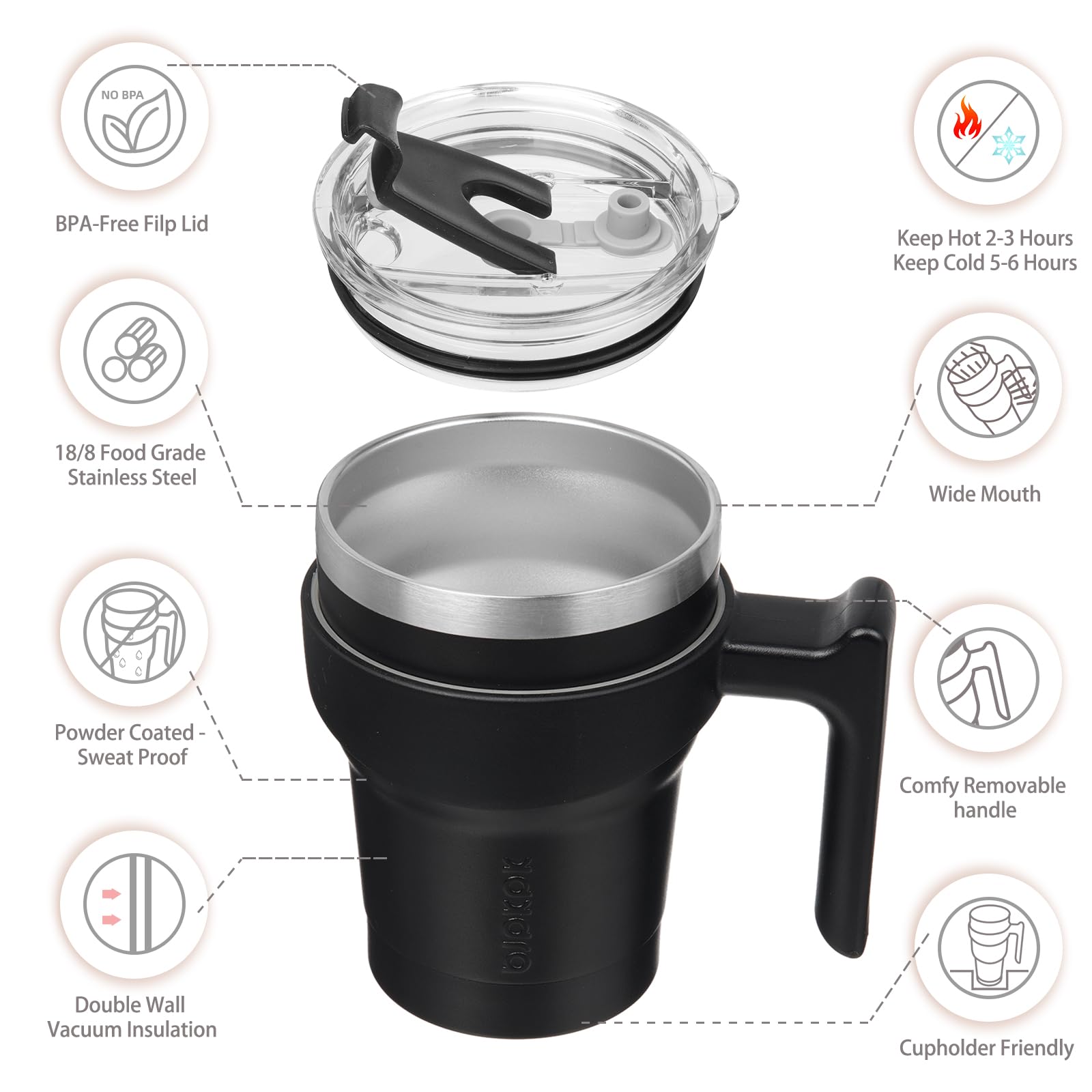 Bjpkpk Tumbler With Handle 10 Oz Stainless Steel Double Wall Insulated Tumbler Cups With Lid And Straw,Black