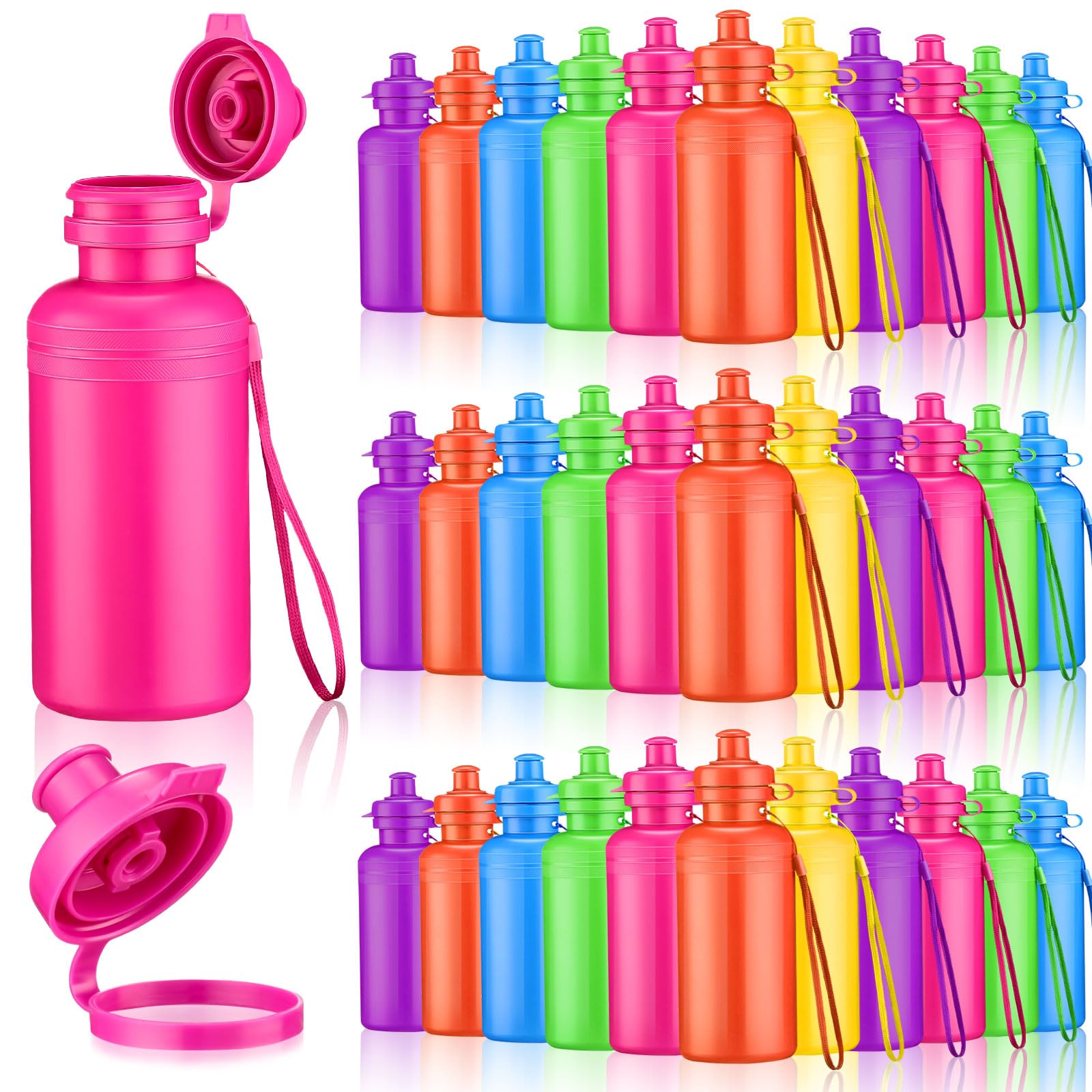 Bokon 60 Pcs 18 oz Reusable Water Bottles for Kids, Sports, School; Plastic, Non-Slip, DIY Blank Design with Strap & Squeeze Top