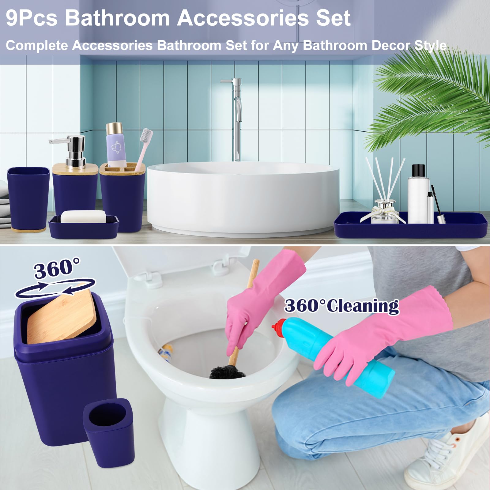 Bathroom Accessories Set, 9 Piece Navy Blue Bathroom Accessory Set With Trash Can,Toothbrush Holder,Toothbrush Cup,Lotion Soap D