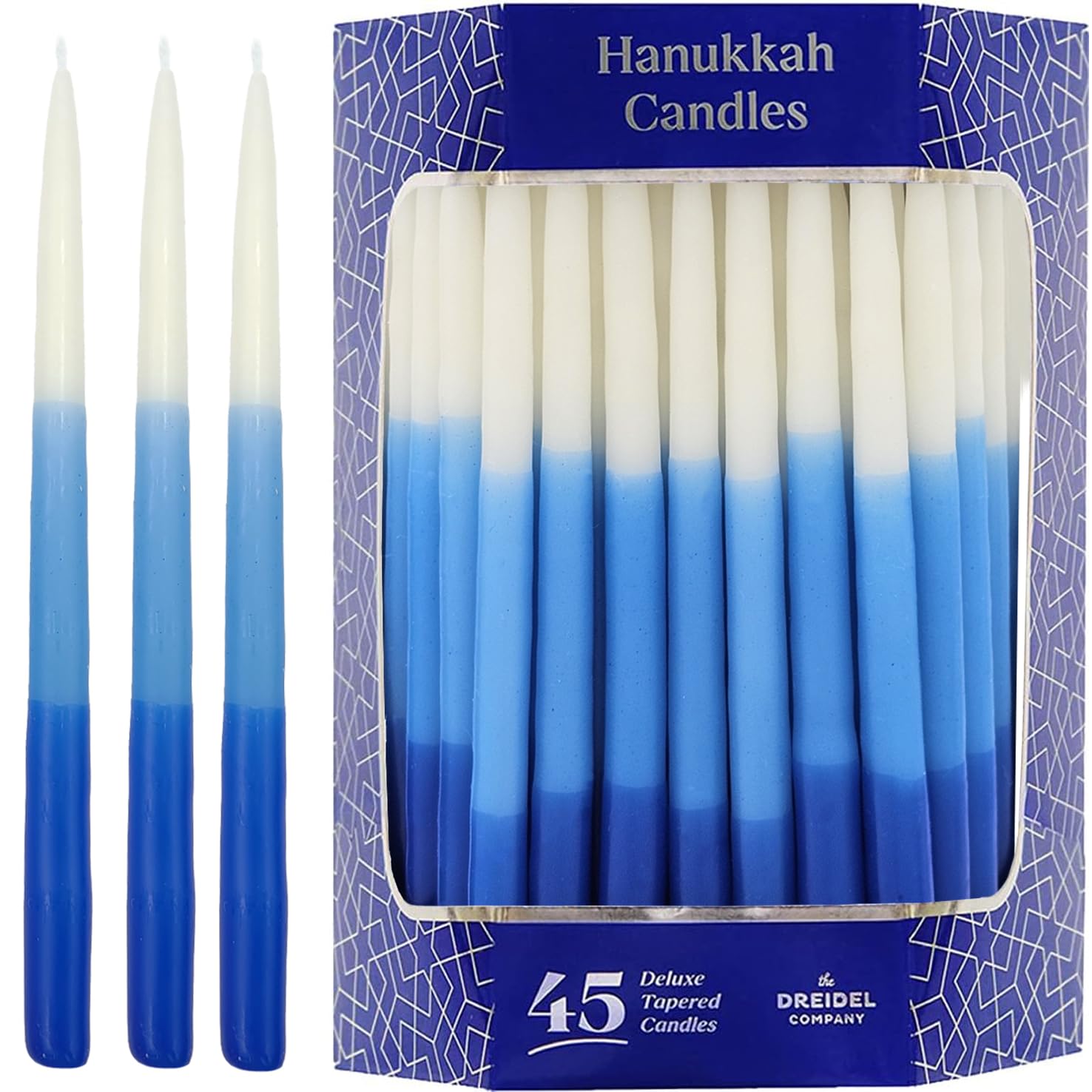 The Dreidel Company Deluxe Tapered Hanukkah Menorah Tri Color Blue, Blue, and White, Candles for All 8 Nights of Chanukah (Singl
