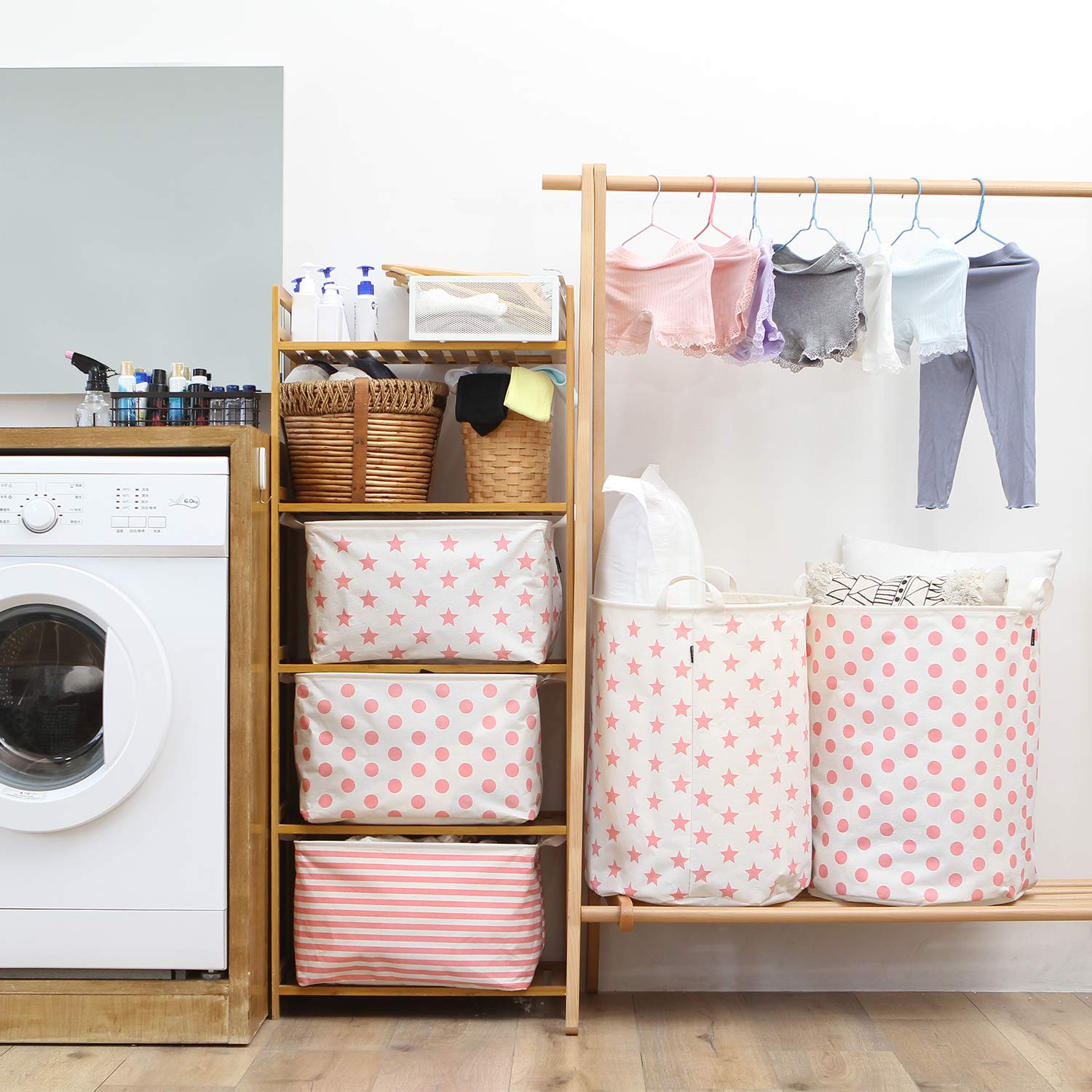 Sea Team 19.7 Inches Large Sized Waterproof Coating Ramie Cotton Fabric Folding Laundry Hamper Bucket Cylindric Burlap Canvas St