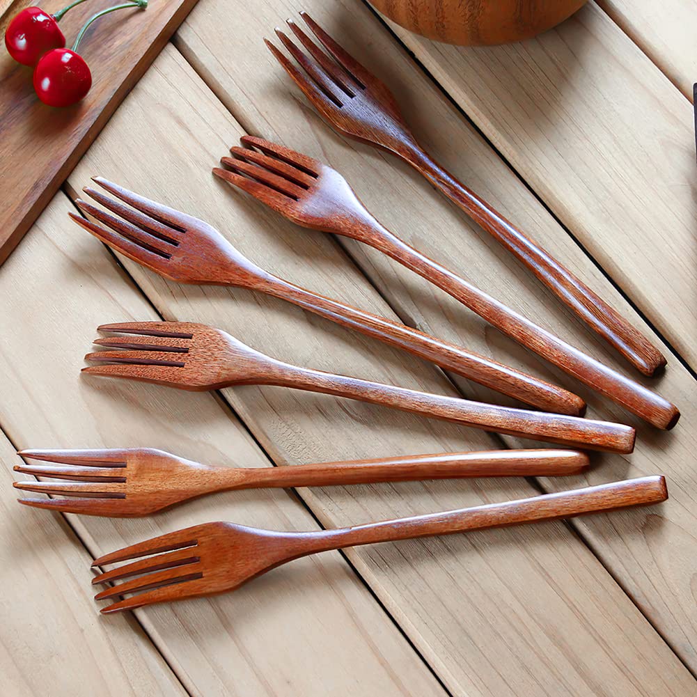 Forks,Wooden Forks, Aoosy 6 Pieces Eco-Friendly Japanese Wood Salad Dinner Forks Wooden Forks Set Reusable Handmade Natural Wood