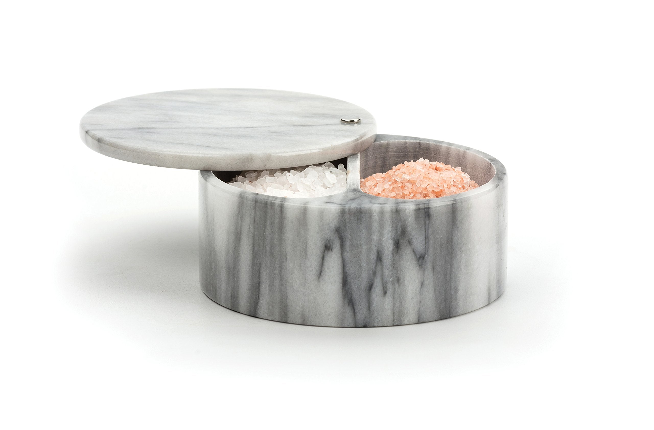 RSVP International Dual Compartment Box | Chic & Modern Herb Container | 10 Ounces Total | Swivel Top Protects Salts | Beautiful  Solid Marble  5''  White