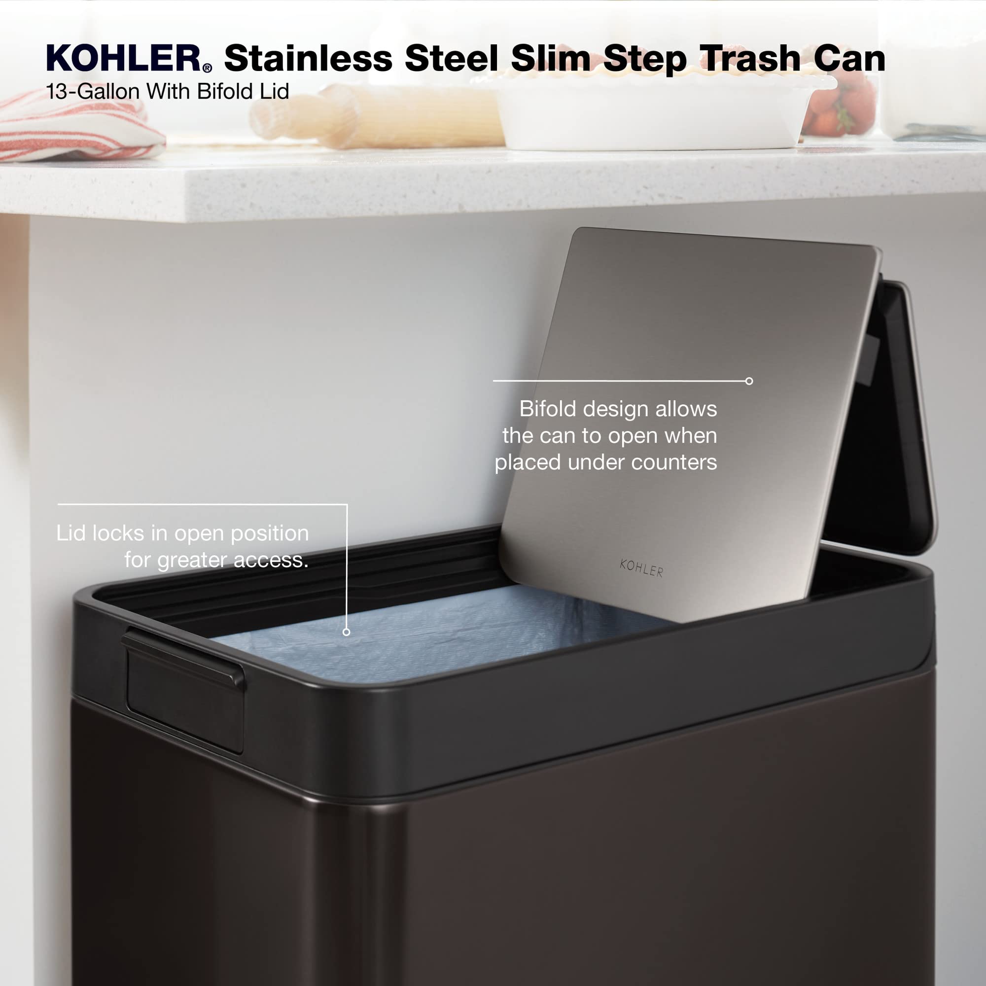 Kohler 23826-Bst 13 Gallon Elongated Kitchen Step Trash Can With Foot Pedal, Soft Close Lid, Black Stainless Steel