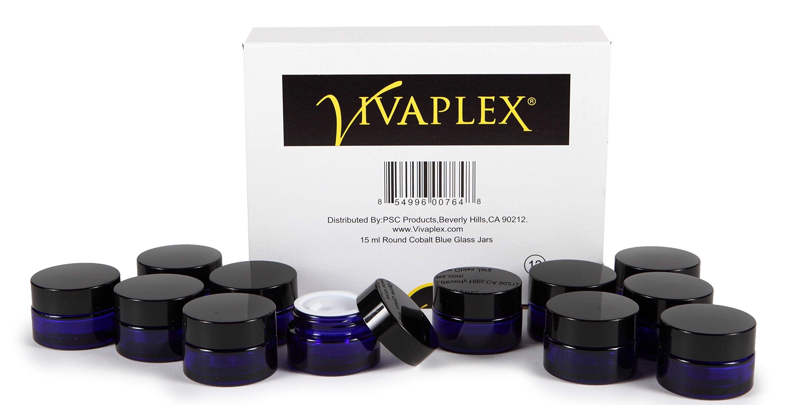 Vivaplex, 12, Cobalt Blue, 15 Ml, Round Glass Jars, With Inner Liners And Black Lids