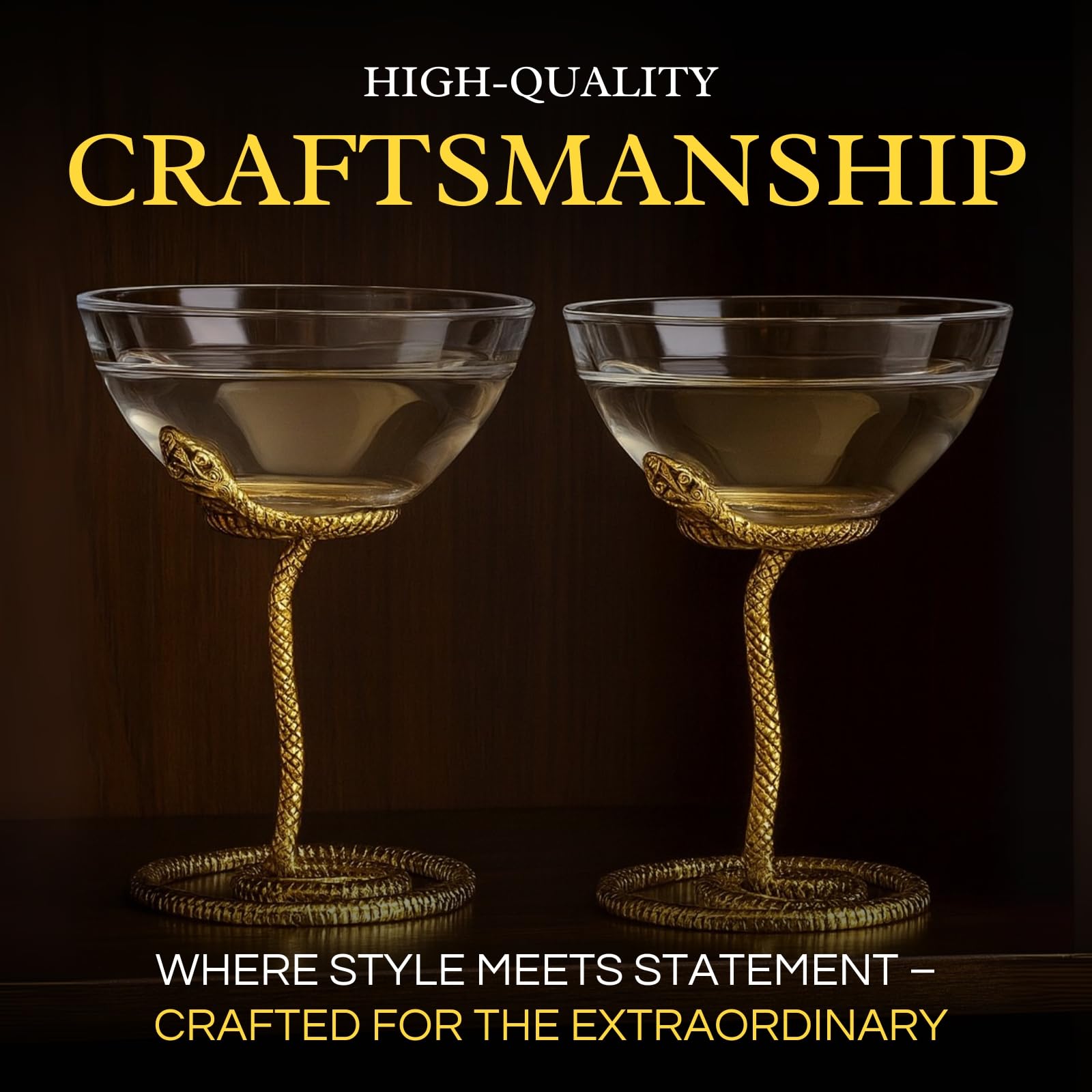 Snake Serpent Cocktail Glasses - 2 Set Gold Design Unique Reptile Inspired Barware