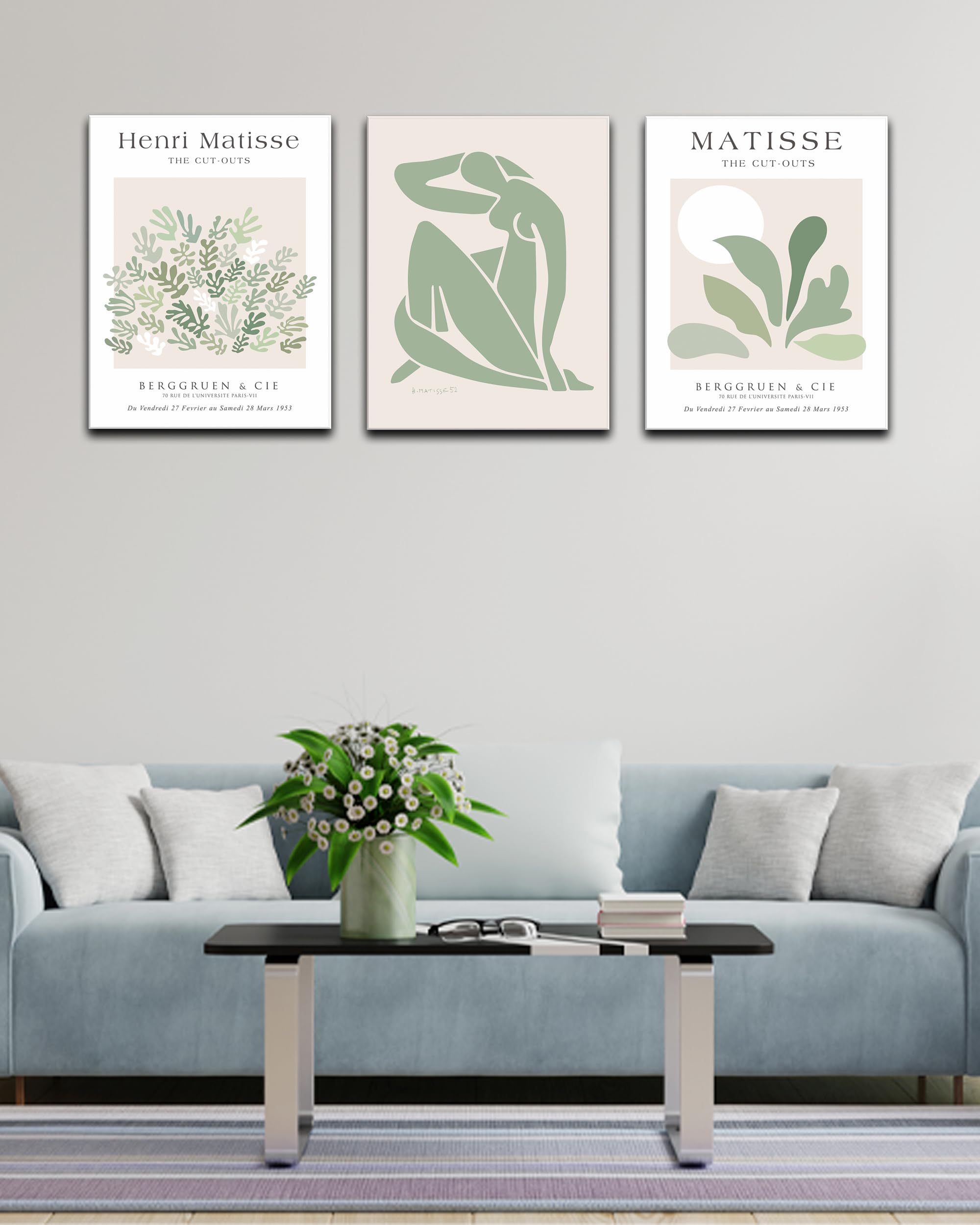 Sage Matisse Wall Art,Abstract Green Framed Wall Art Set Of 3,Minimalist Botanical Wall Art Decor,Truly Quality Canvas Prints Fo
