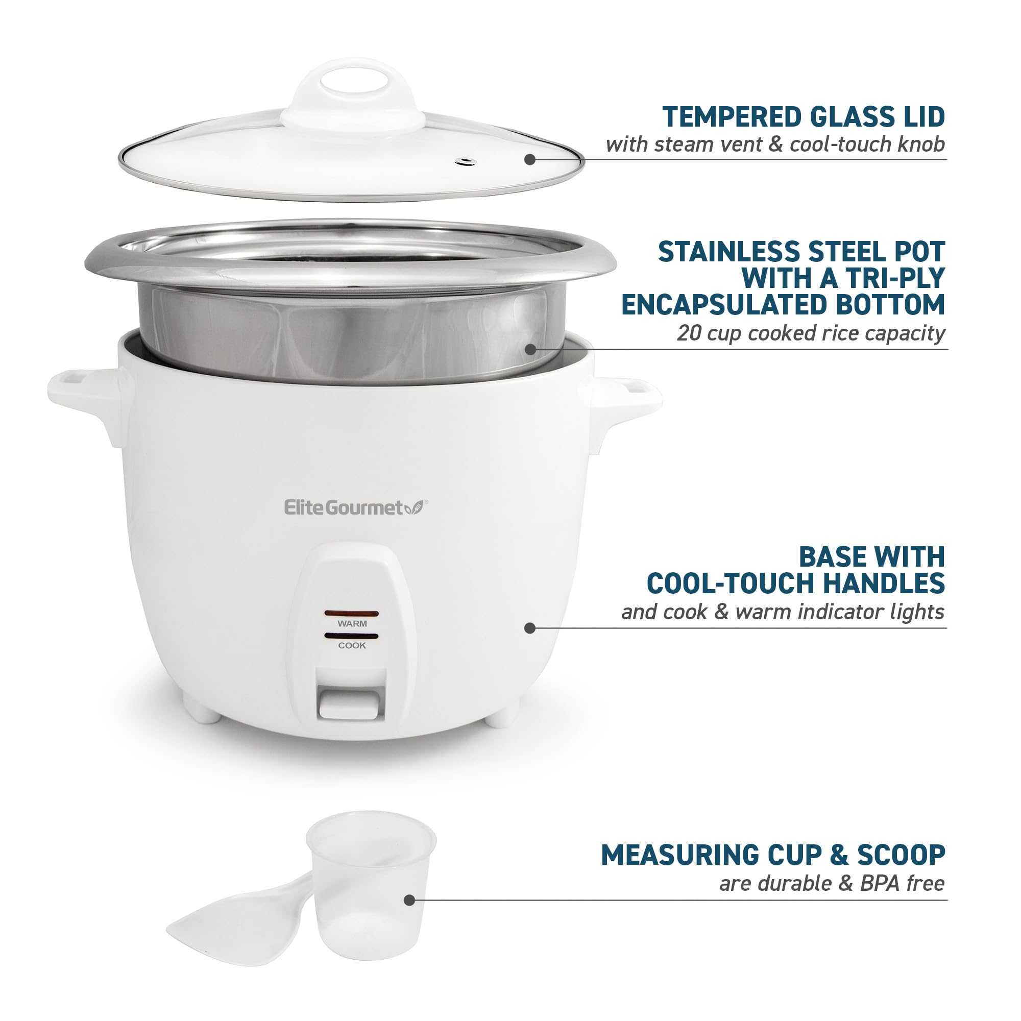 Elite Gourmet ERC-2020 Electric Rice Cooker, 20 Cups Cooked, Stainless Steel Pot, White, Programmable, Perfect for Soups and Stews
